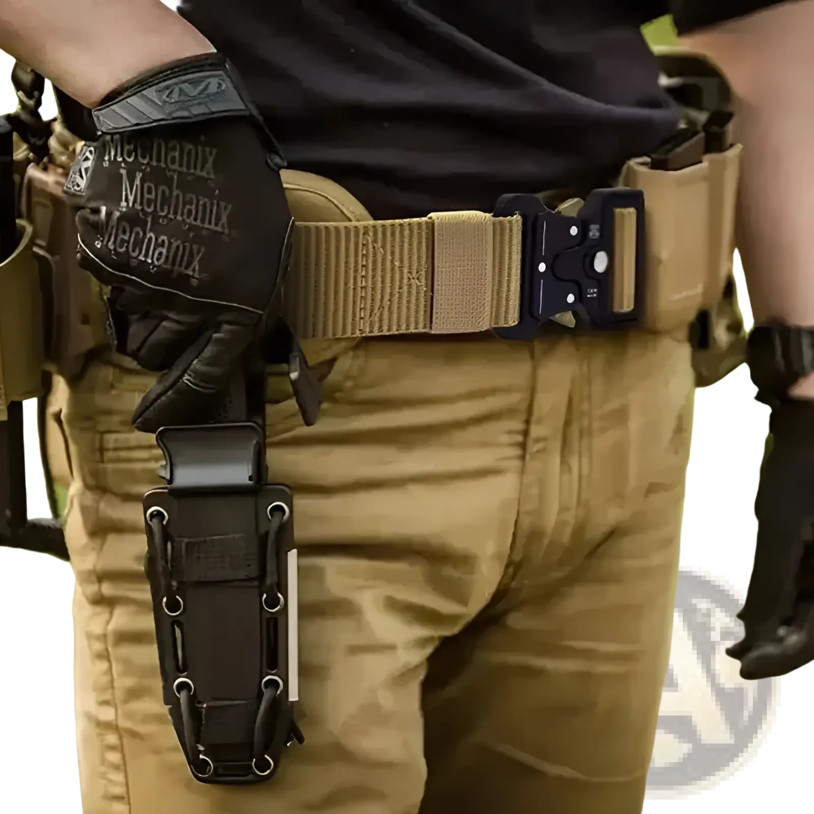 Black tactical polyester belt sheath with sturdy textured design and metal loops for secure outdoor utility attachment