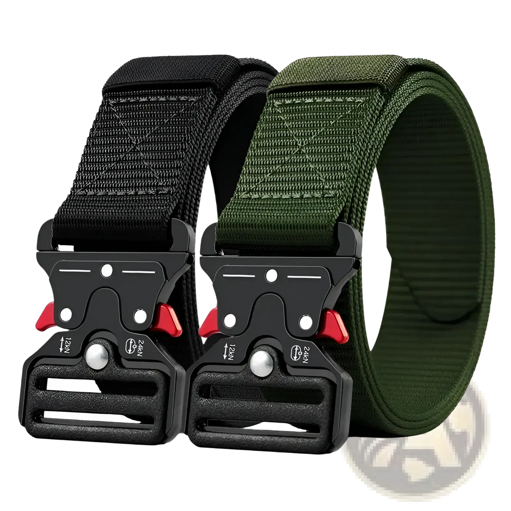 Black and olive green tactical polyester belts with black plastic buckles and red accents for unisex outdoor utility use