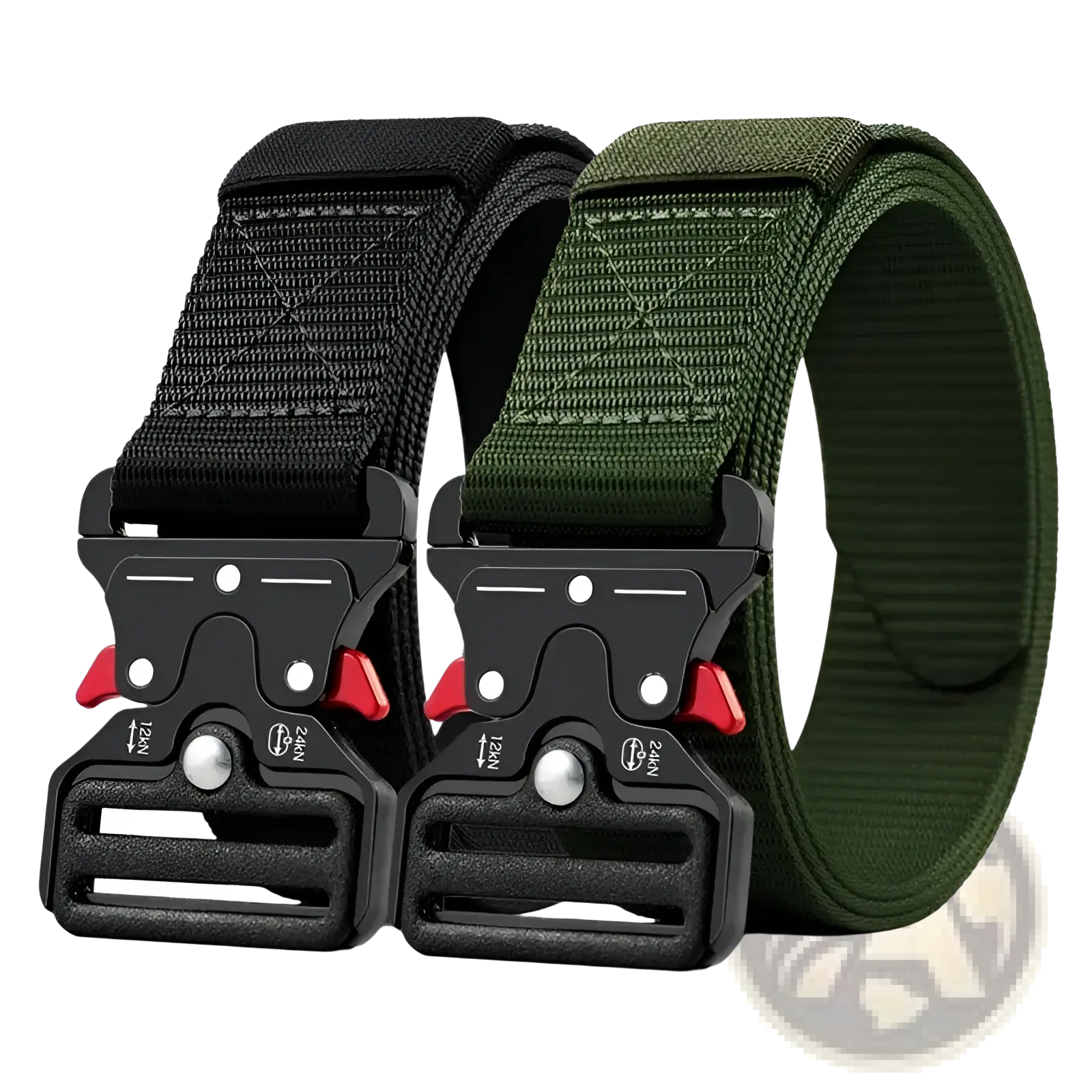 Black and olive green tactical polyester belts with black plastic buckles and red accents for unisex outdoor utility use
