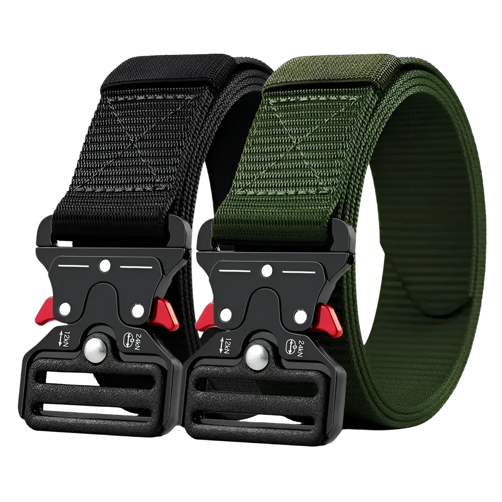 Black and olive green tactical polyester belts with black plastic buckles and red accents for unisex outdoor utility use