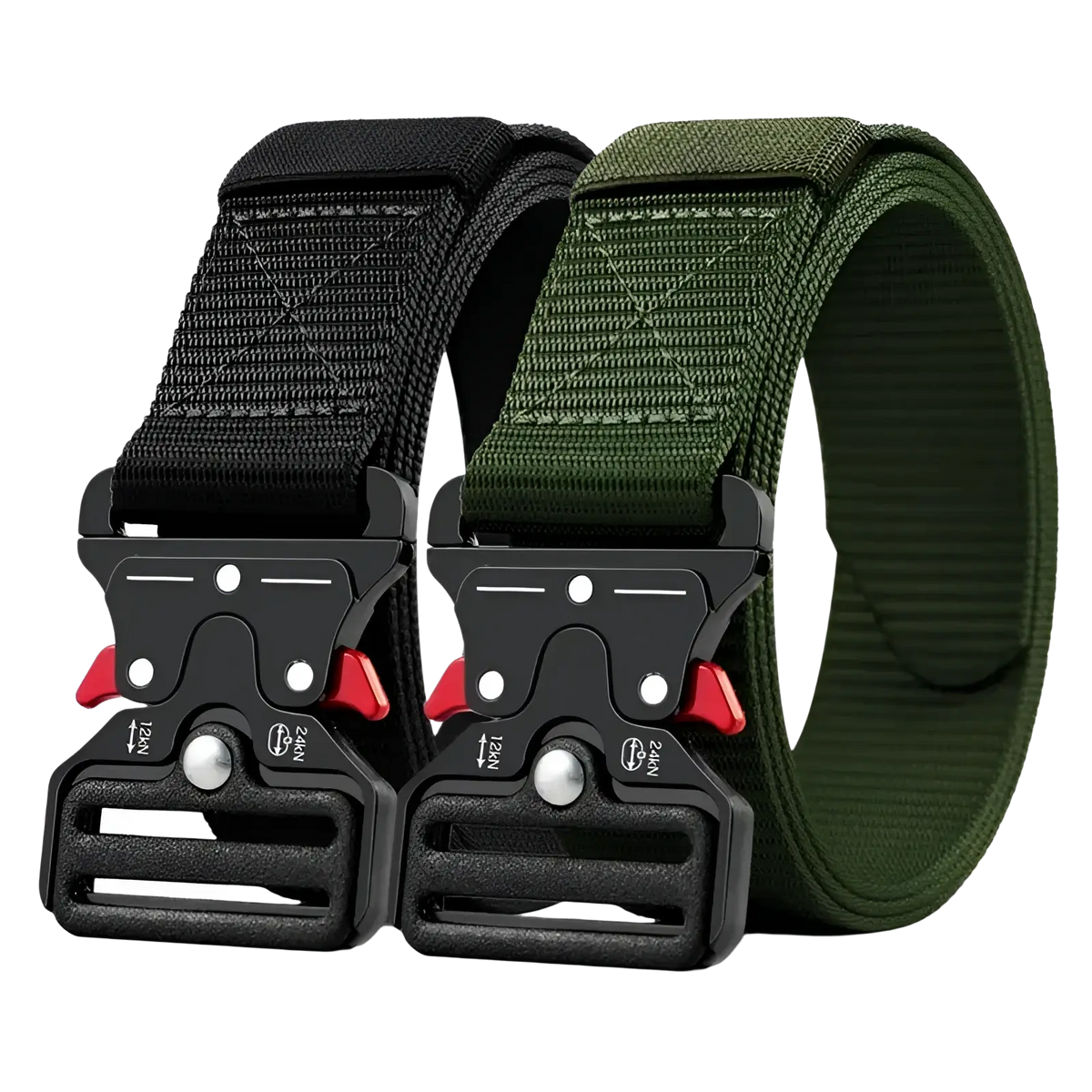 Black and olive green tactical polyester belts with black plastic buckles and red accents for unisex outdoor utility use