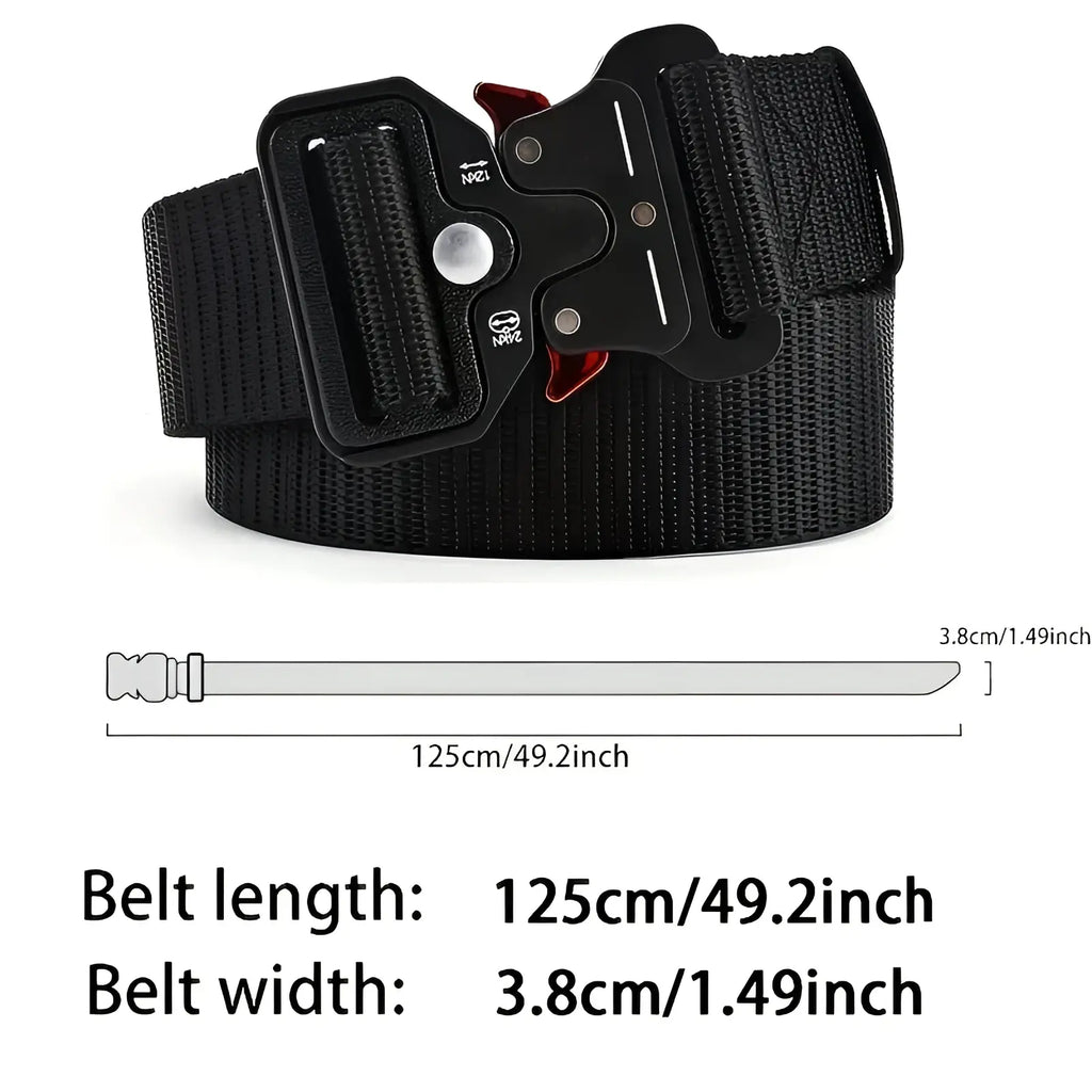 Black tactical polyester belt with matte metal buckle featuring red accents and engraved markings for outdoor use