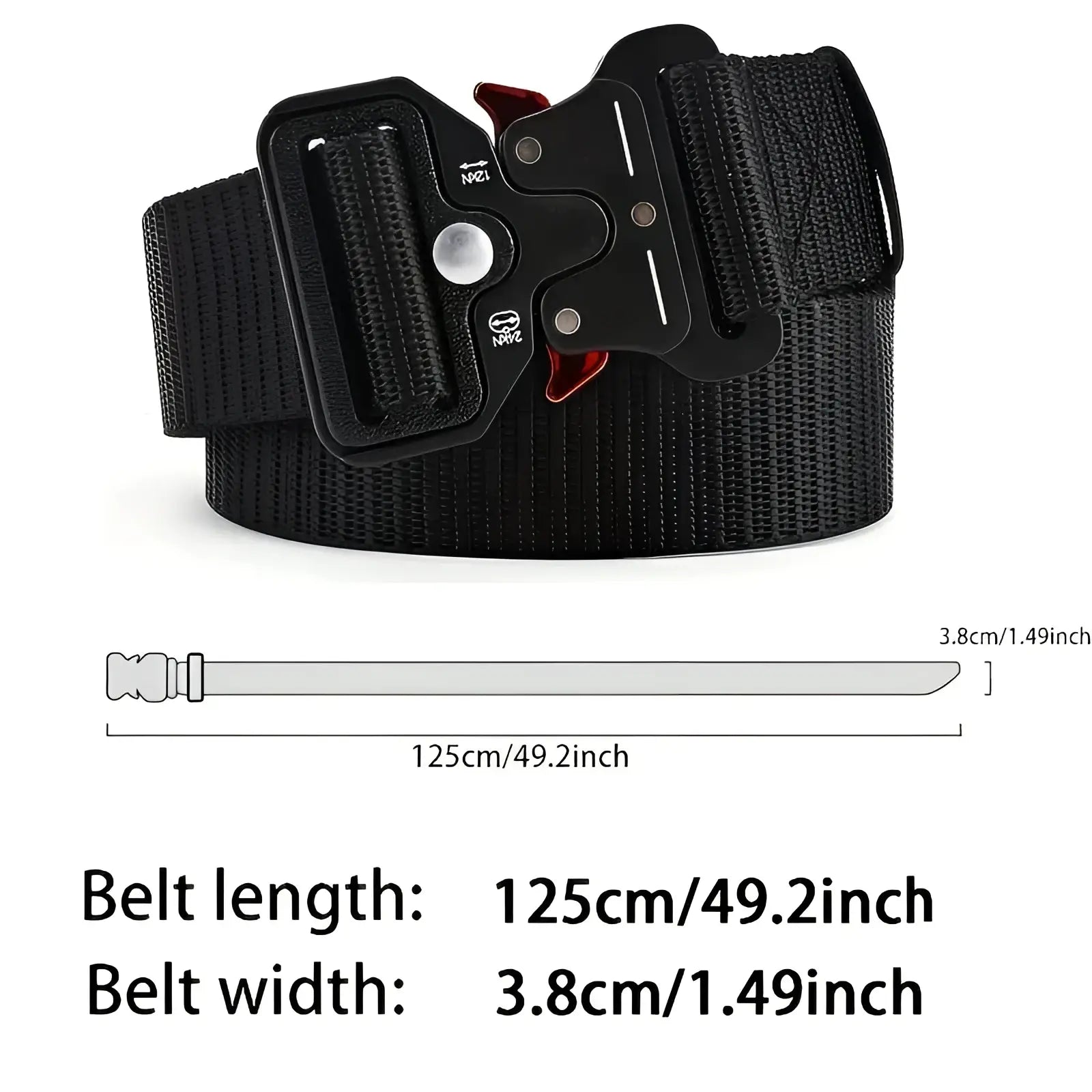 Black tactical polyester belt with matte metal buckle featuring red accents and engraved markings for outdoor use