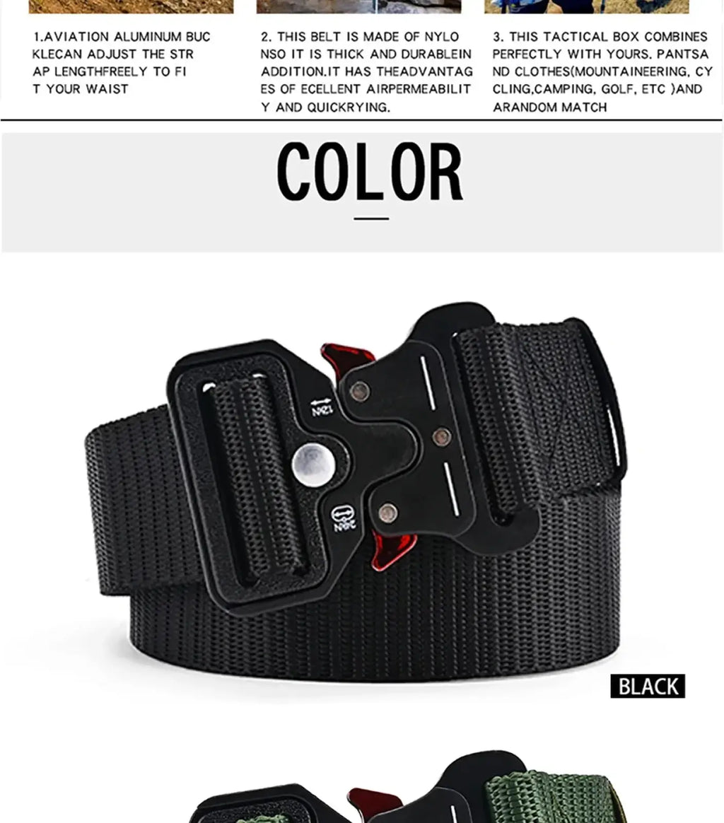 Tactical polyester belt unisex outdoor utility strap with black nylon strap and black aluminum buckle with red accents