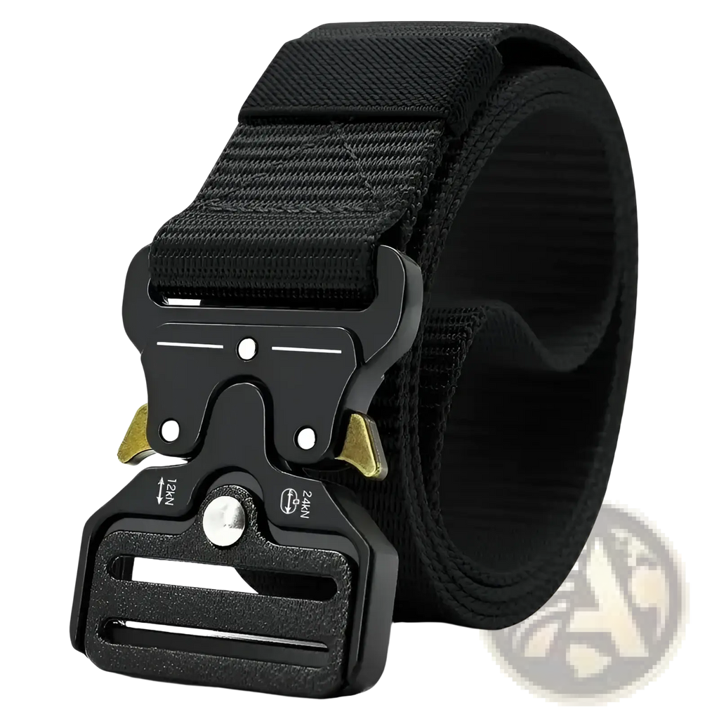 Black tactical polyester belt with adjustable sizing and gold metal accents on black plastic buckle for outdoor utility use
