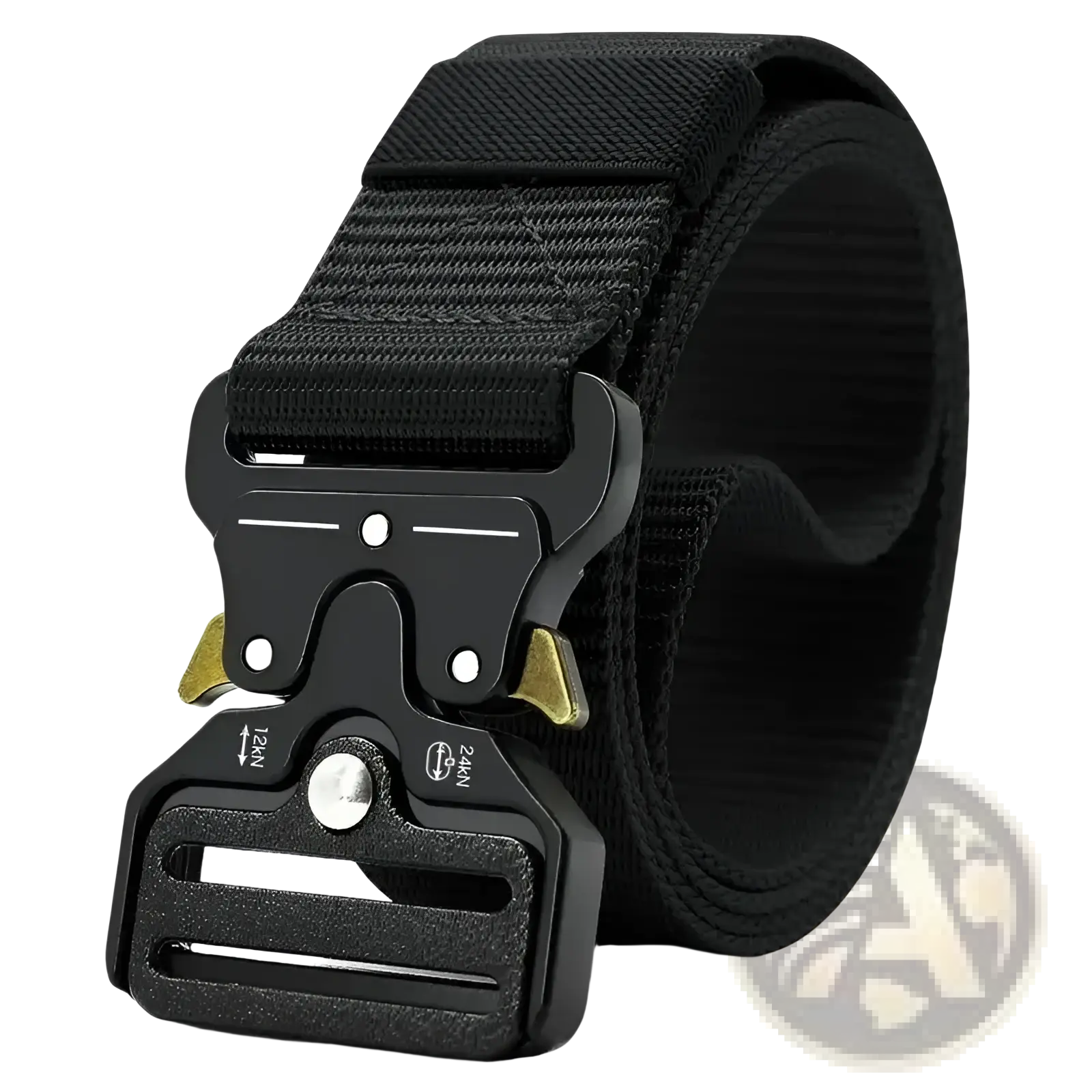 Black tactical polyester belt with adjustable sizing and gold metal accents on black plastic buckle for outdoor utility use