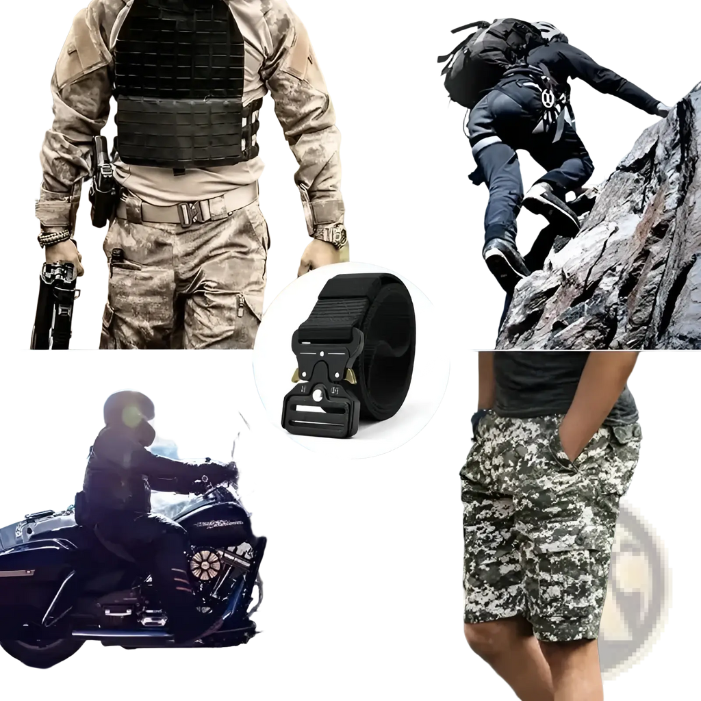 Black tactical polyester belt with sturdy metal buckle and reinforced stitching for unisex outdoor utility use
