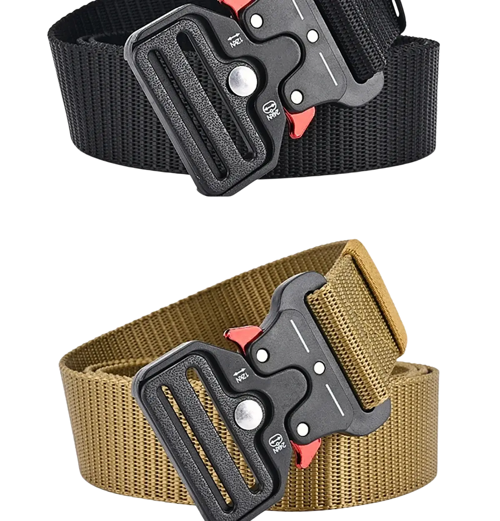 Black and tan tactical polyester belts with black plastic buckles and red accents for unisex outdoor utility use
