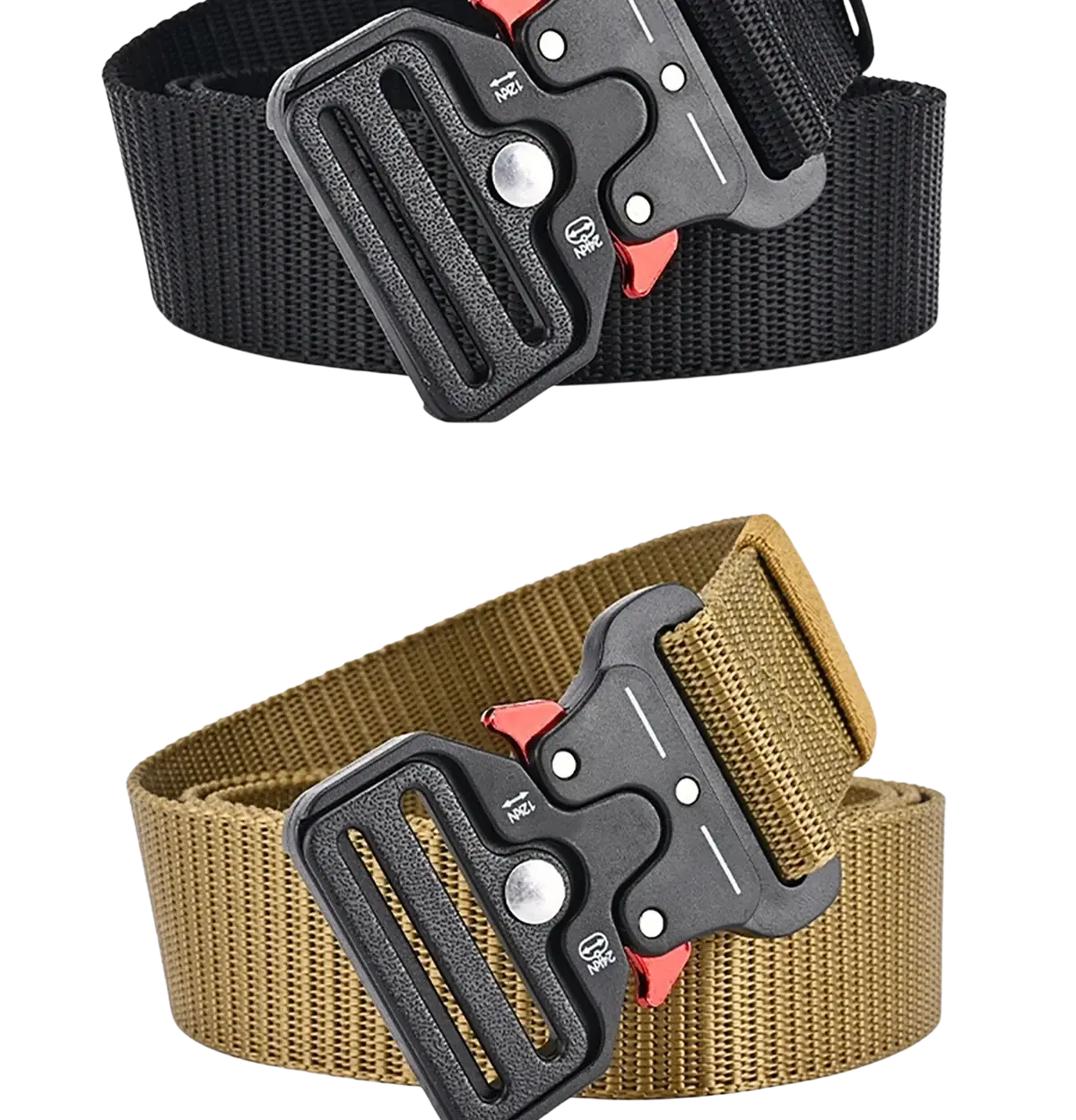 Black and tan tactical polyester belts with black plastic buckles and red accents for unisex outdoor utility use