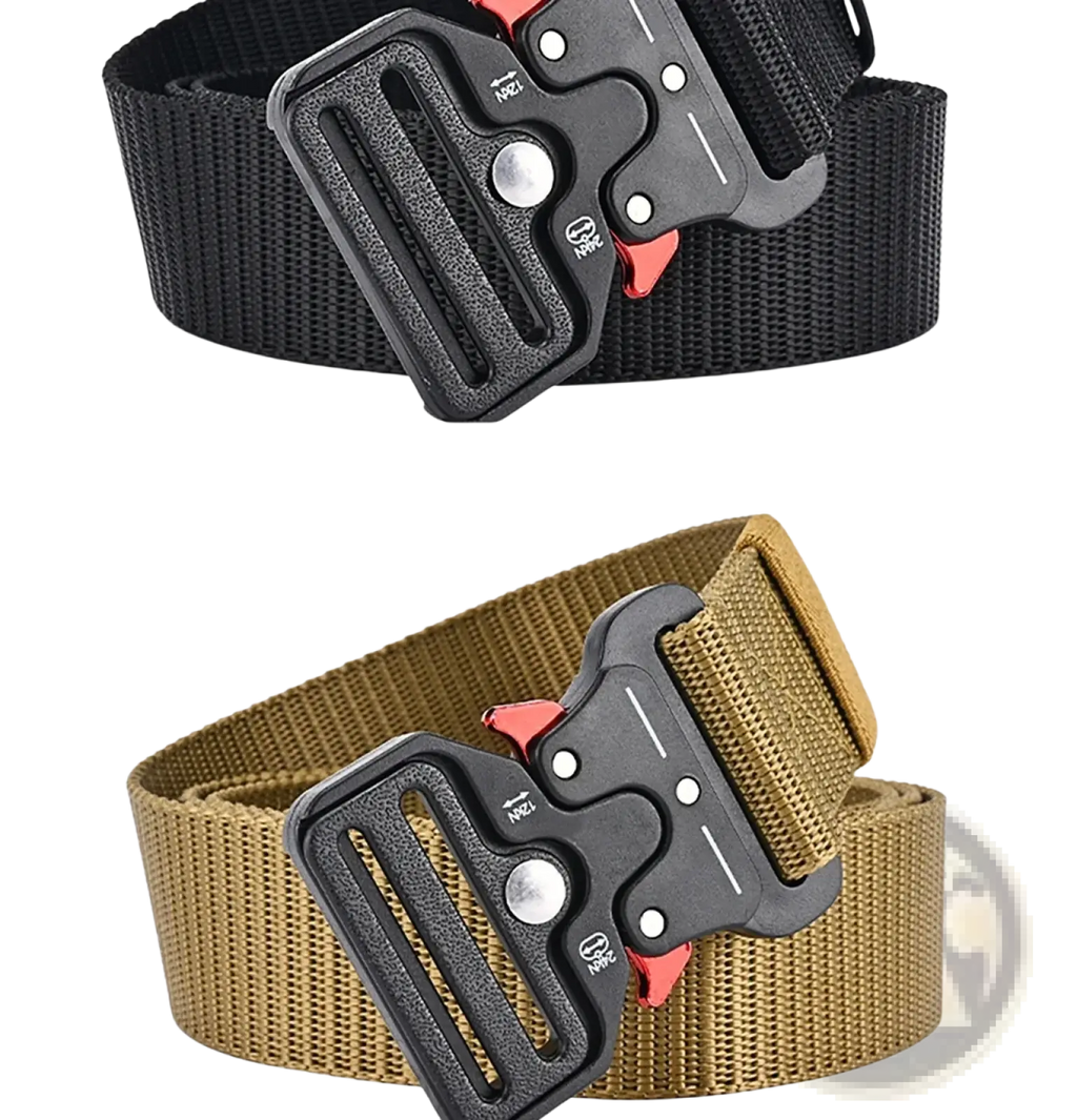 Black and tan tactical polyester belts with black plastic buckles and red accents for unisex outdoor utility use