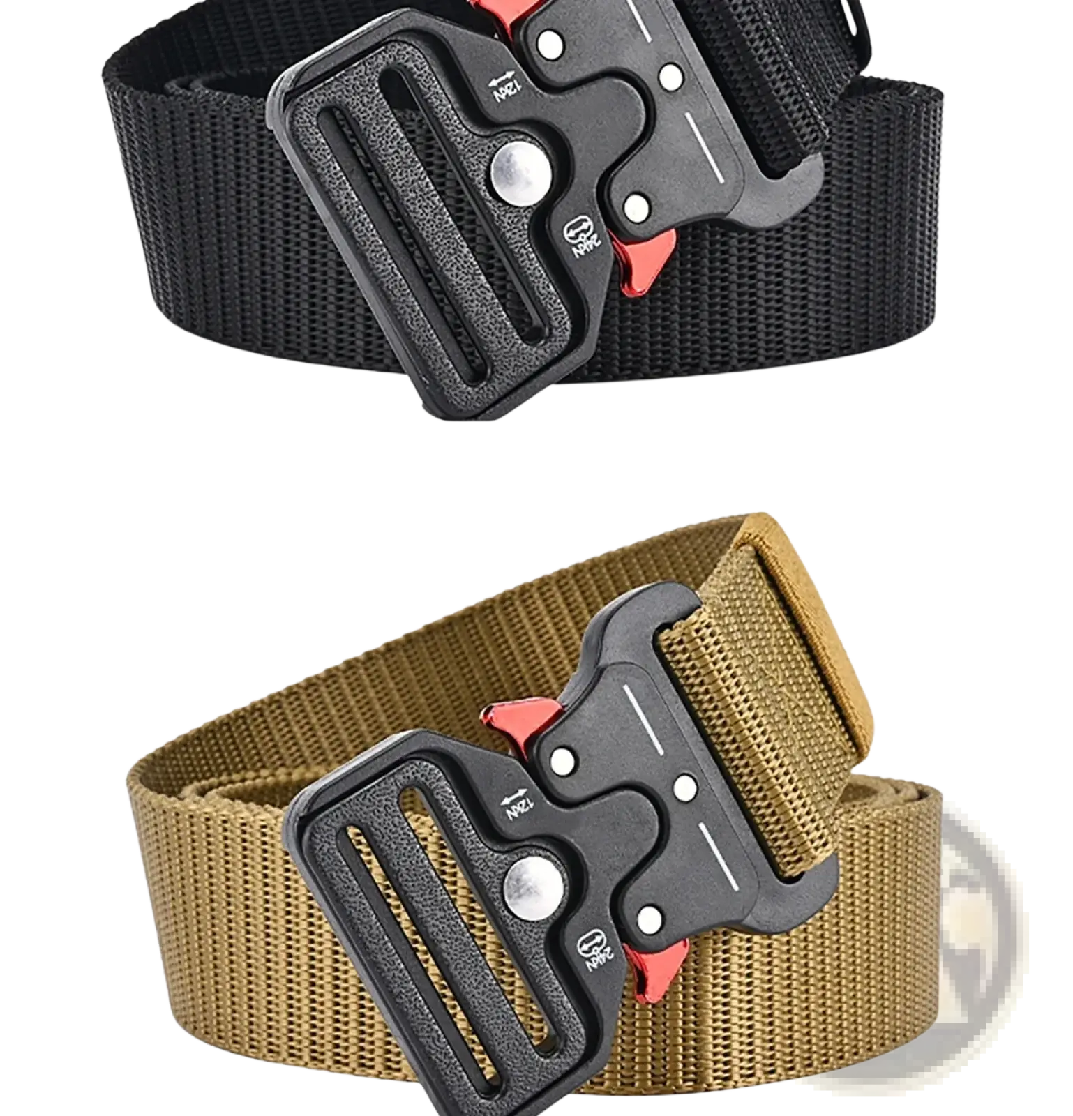 Black and tan tactical polyester belts with black plastic buckles and red accents for unisex outdoor utility use