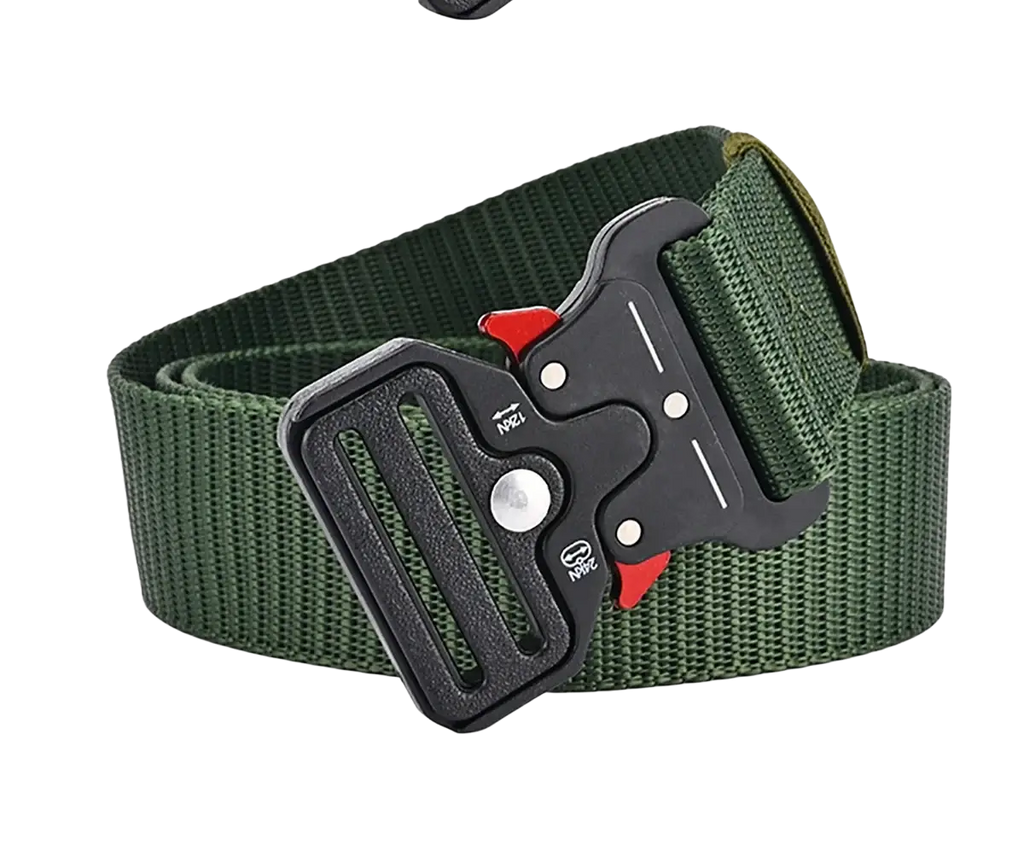 Dark green tactical polyester belt with black and red quick-release buckle for unisex outdoor utility use