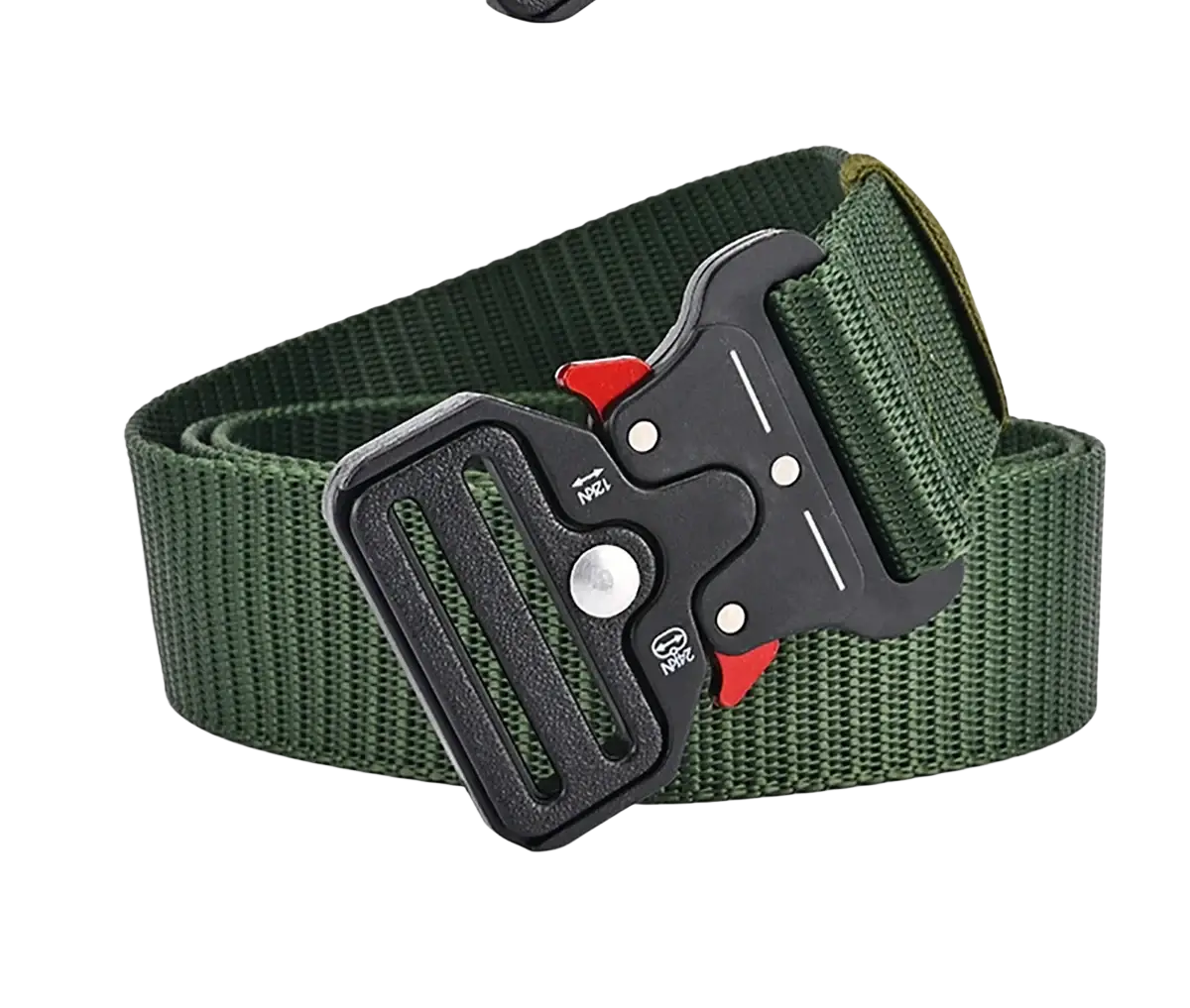 Dark green tactical polyester belt with black and red quick-release buckle for unisex outdoor utility use