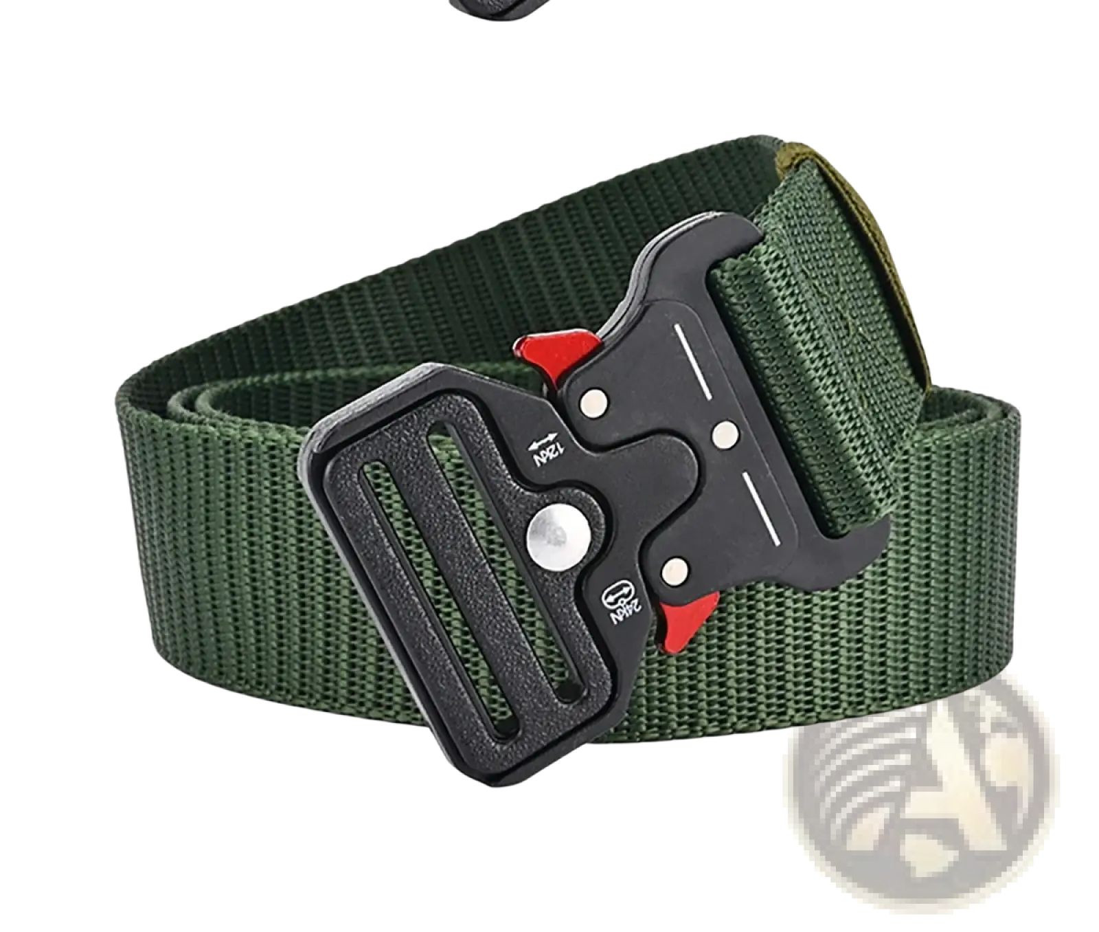 Dark green tactical polyester belt with black and red quick-release buckle for unisex outdoor utility use