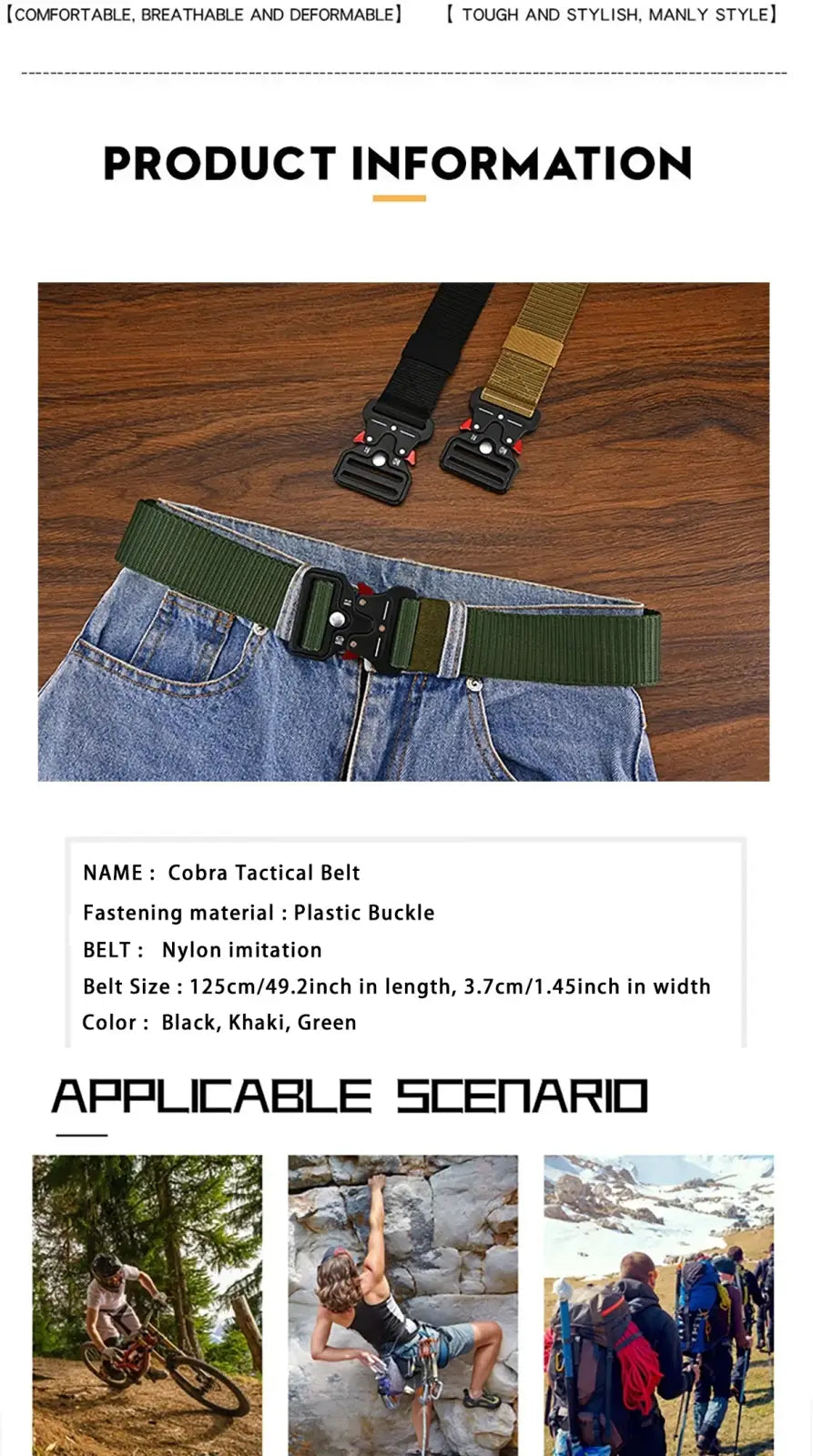 Green nylon imitation cobra tactical belt with plastic buckle for outdoor utility use in unisex polyester strap