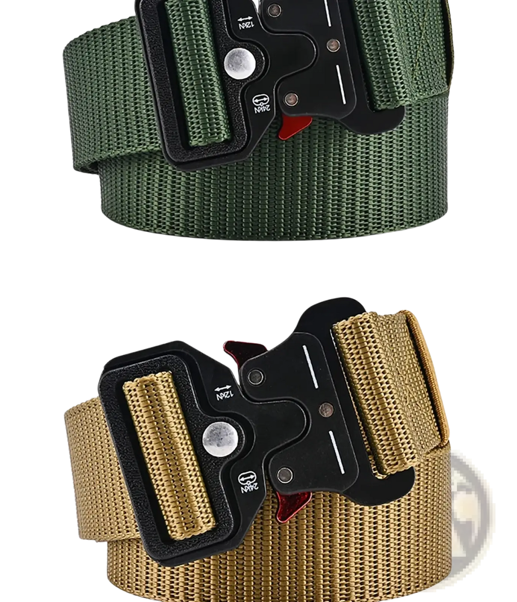 Tactical polyester belt unisex outdoor utility strap with military-style webbing, black tactical buckle, red accent, green or tan color