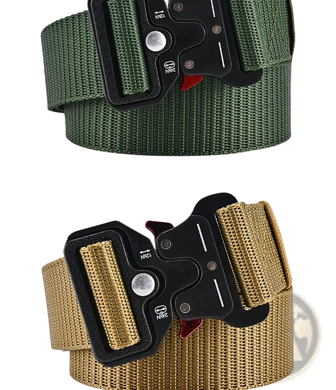 Tactical polyester belt unisex outdoor utility strap with military-style webbing, black tactical buckle, red accent, green or tan color
