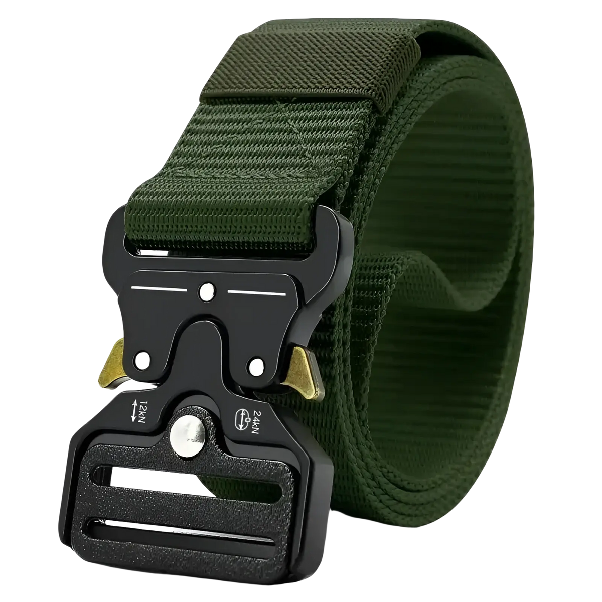 Olive green tactical polyester belt with black and gold metal buckle for unisex outdoor utility use