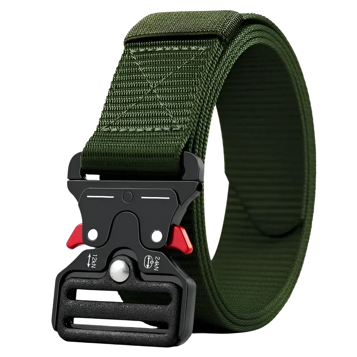 Olive green tactical polyester belt with black and red quick release buckle for unisex outdoor utility use