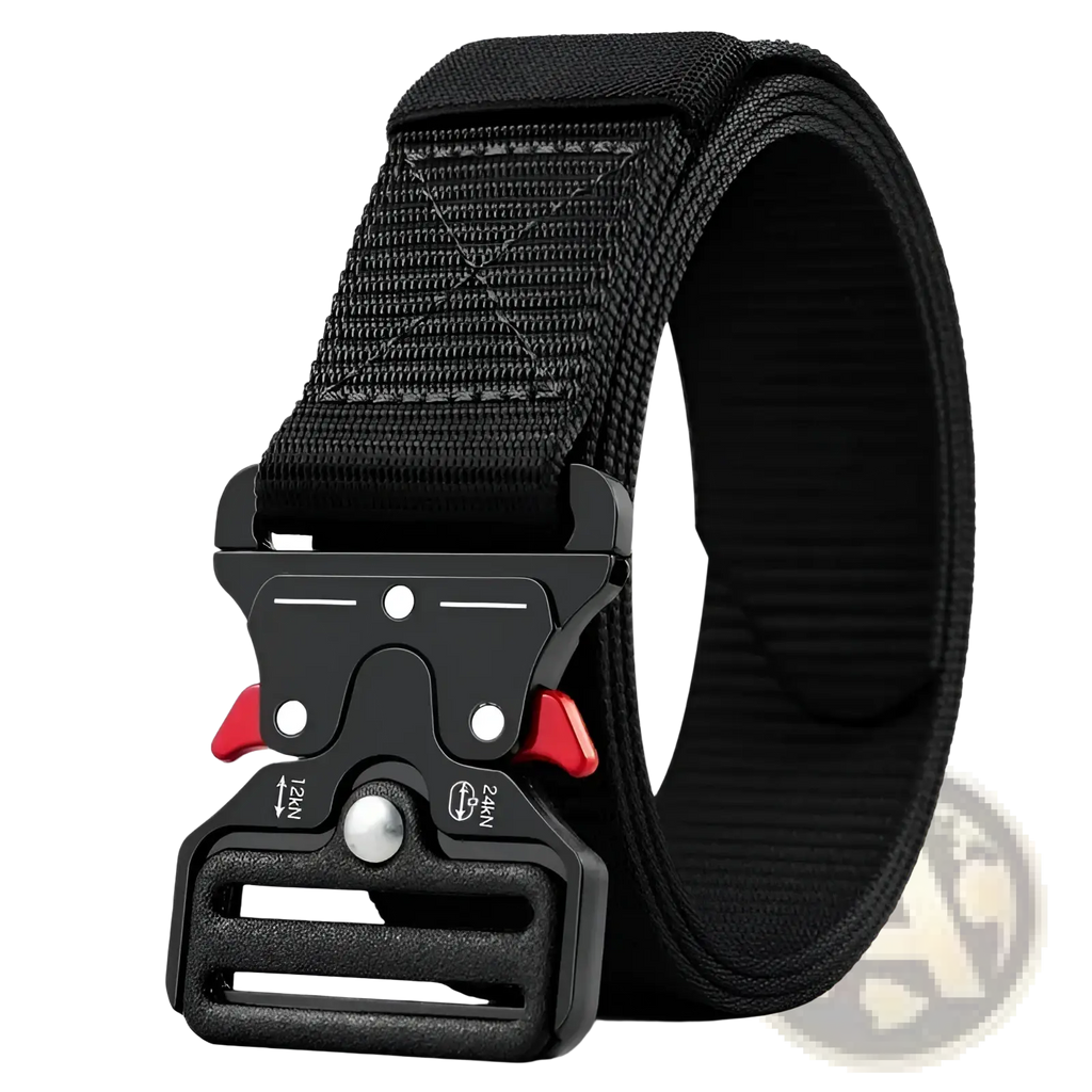 Tactical polyester belt unisex outdoor utility strap in black with a sturdy plastic buckle featuring red accents and silver hardware
