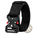 Tactical polyester belt unisex outdoor utility strap in black with a sturdy plastic buckle featuring red accents and silver hardware