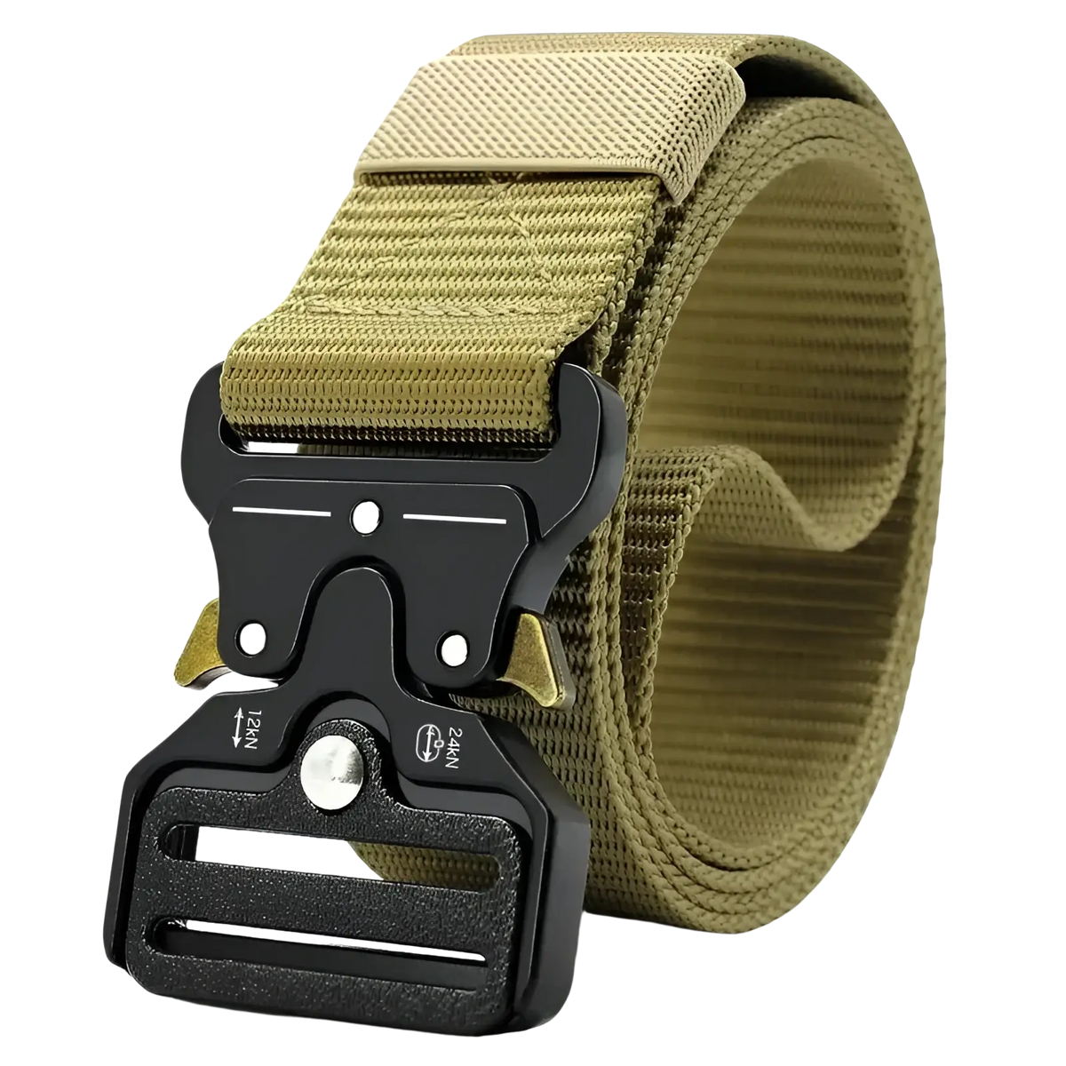 Tactical polyester belt unisex outdoor utility strap in tan with a black rugged metal buckle featuring gold-tone accents