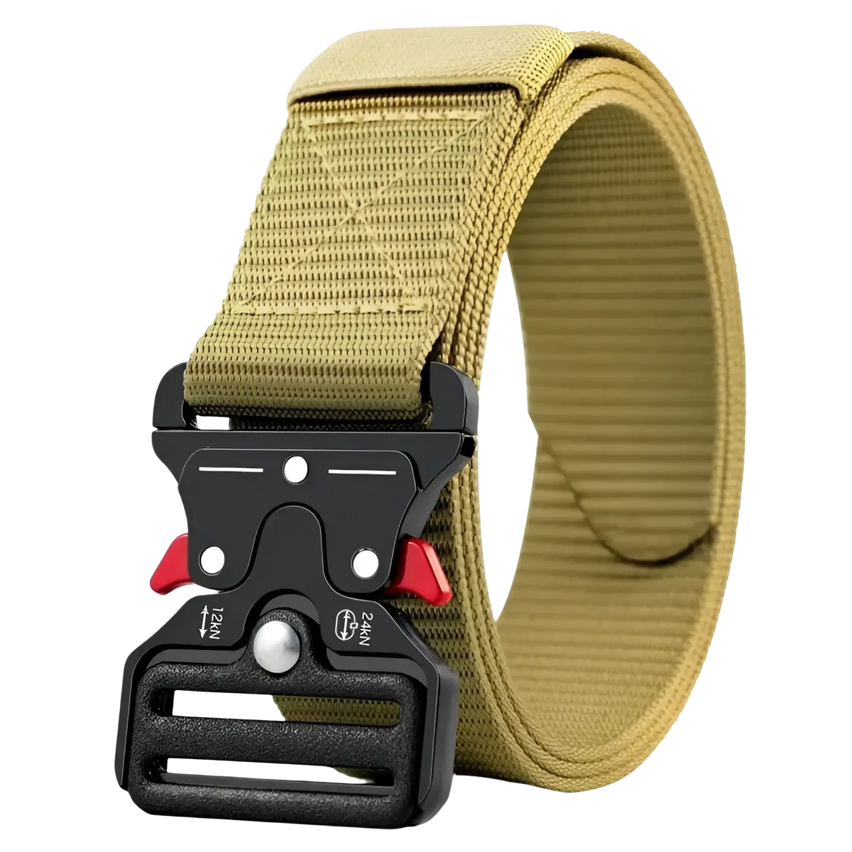 Tan tactical polyester belt with black and red quick-release buckle for unisex outdoor utility use