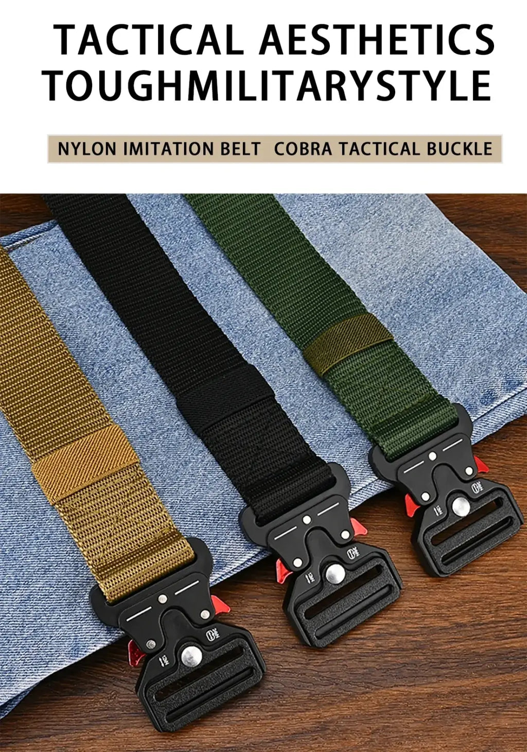 Three nylon imitation tactical polyester belts in tan black and olive green with cobra buckles for outdoor use