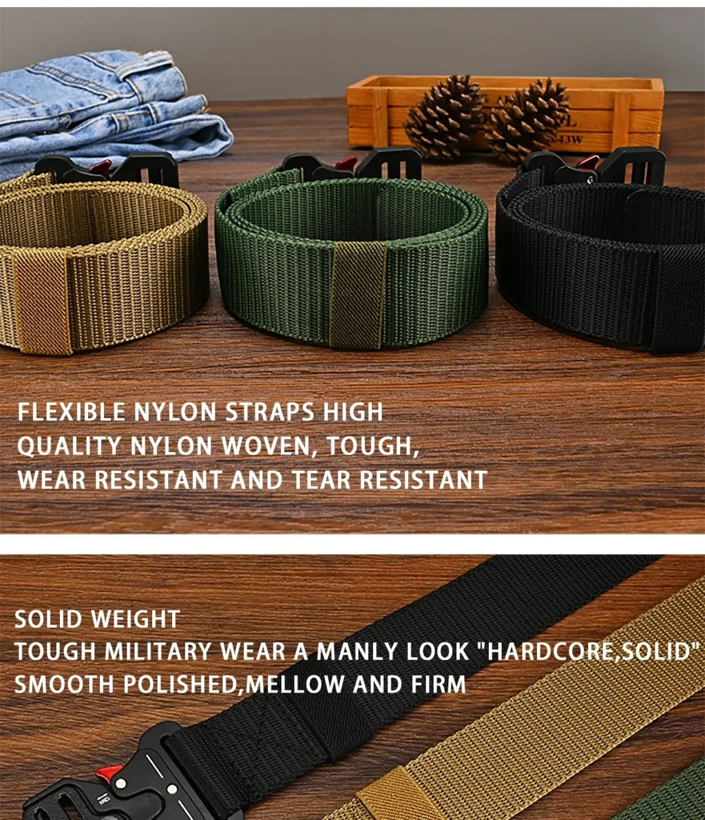 Three tactical polyester belts in tan olive green and black with sturdy metal buckles for outdoor utility use