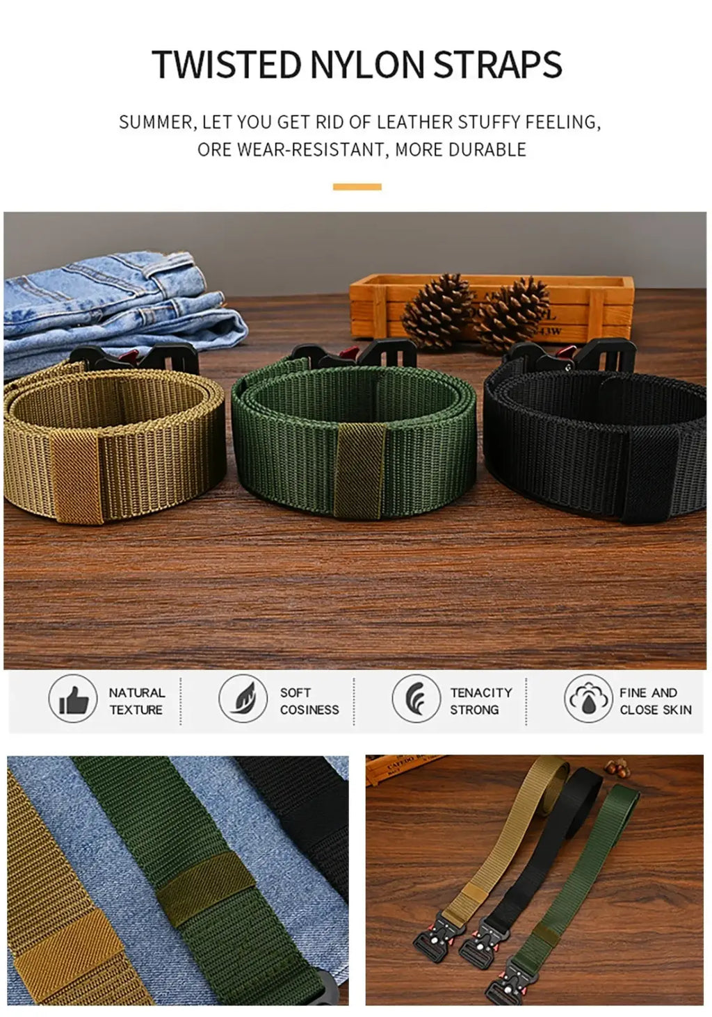 Tactical polyester belt with twisted tan green and black nylon straps reinforced stitching and plastic buckles