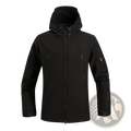 Black tactical soft shell hooded jacket with zippered chest and sleeve pockets for outdoor use