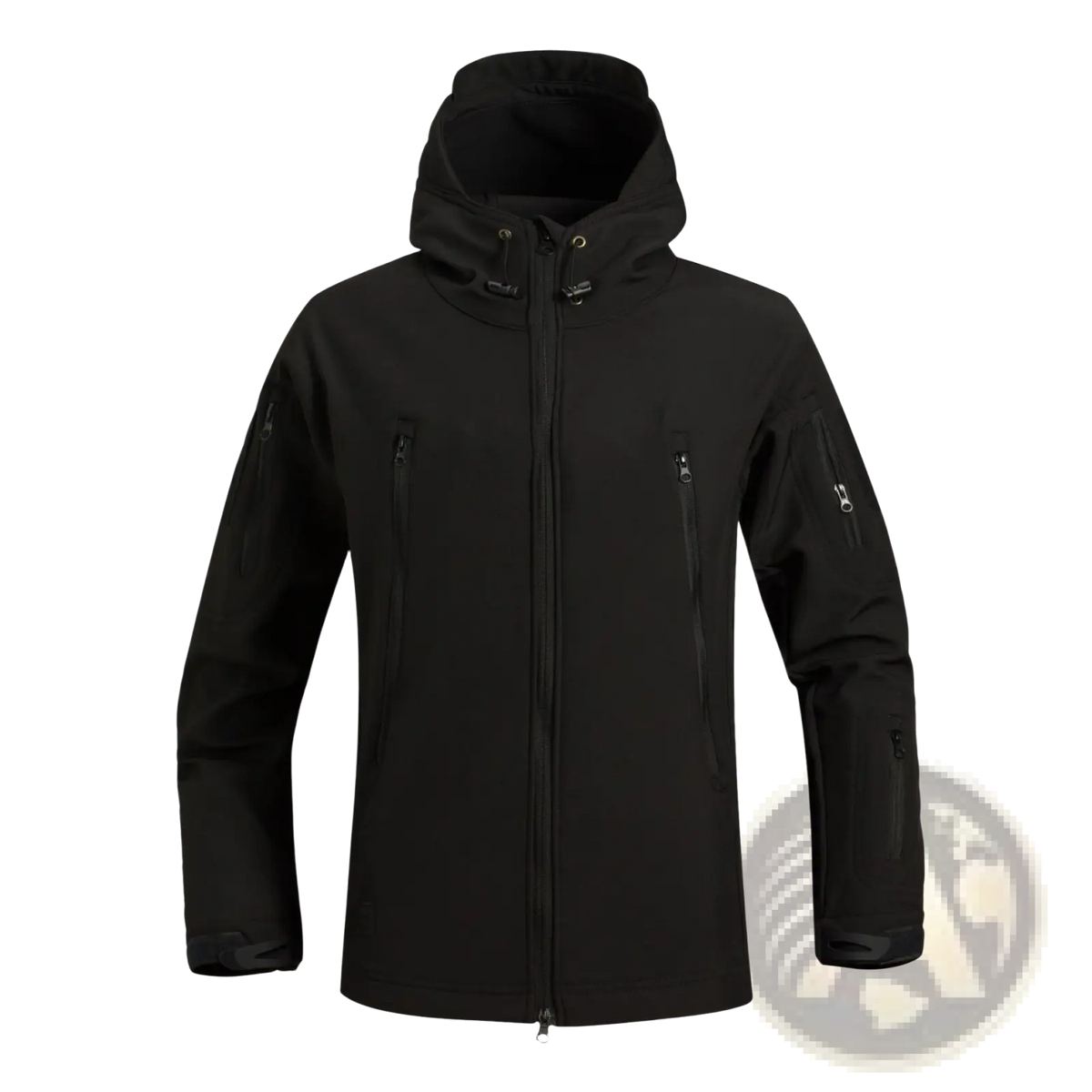 Black tactical soft shell hooded jacket with zippered chest and sleeve pockets for outdoor use
