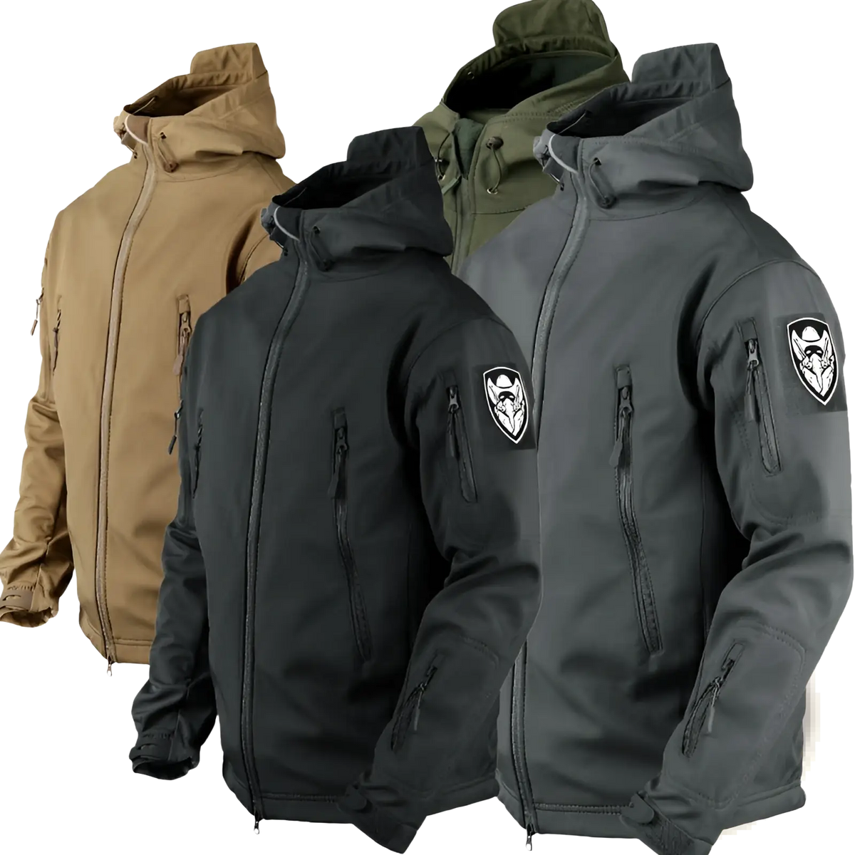 Black tactical soft shell hooded jacket with zippered pockets and wolf logo patch on the sleeve for outdoor use