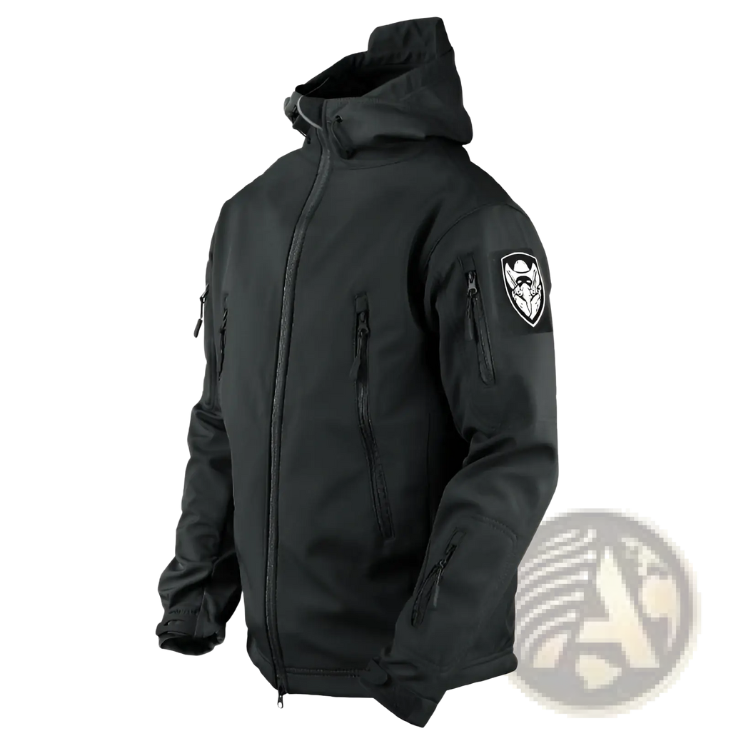 Black tactical soft shell hooded jacket with multiple zippered pockets and wolf emblem patch on the left sleeve