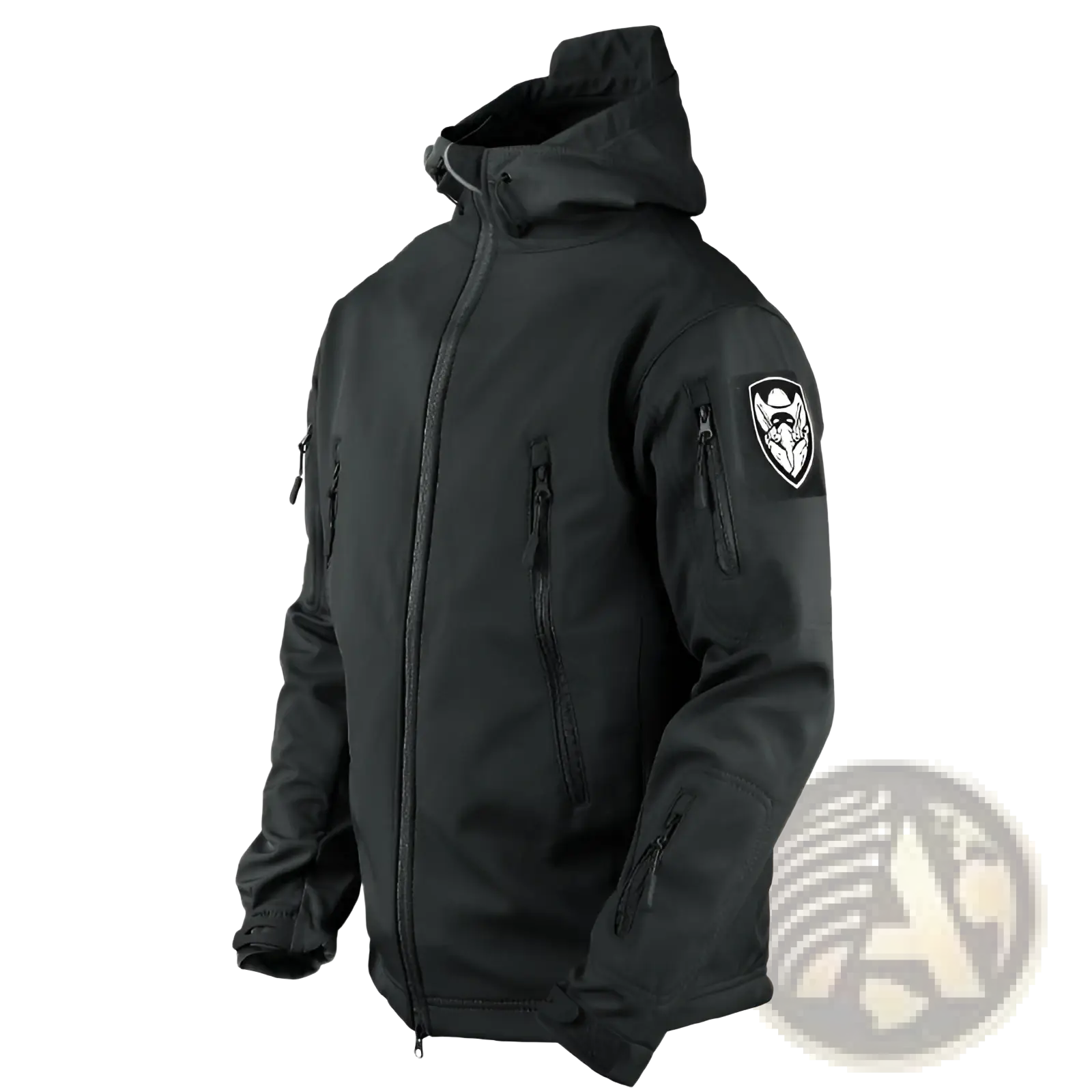 Black tactical soft shell hooded jacket with multiple zippered pockets and wolf emblem patch on the left sleeve