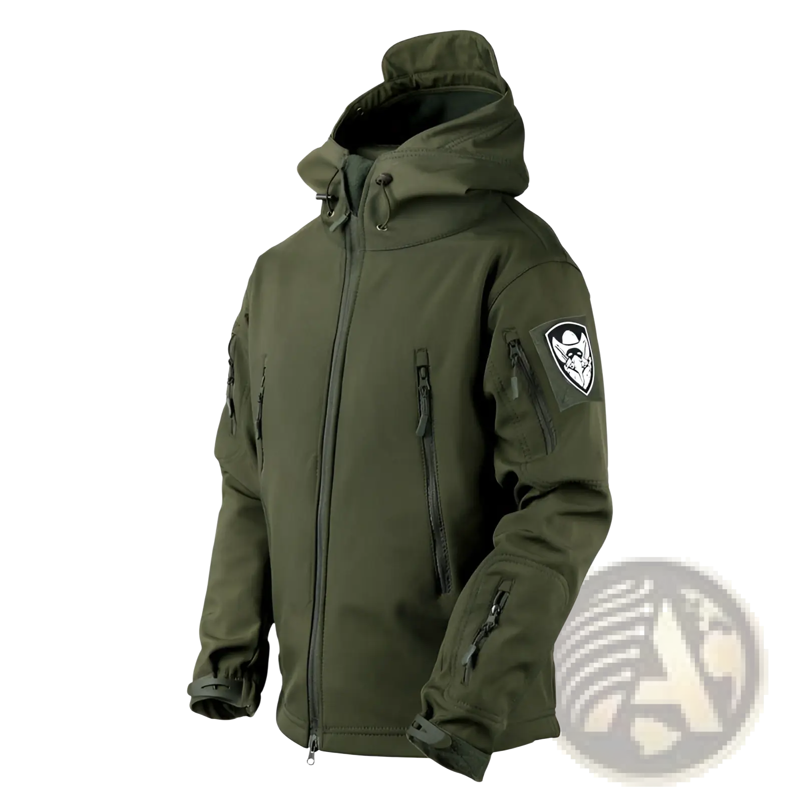Olive green tactical soft shell hooded jacket with multiple zippered pockets and black and white wolf emblem patch on sleeve