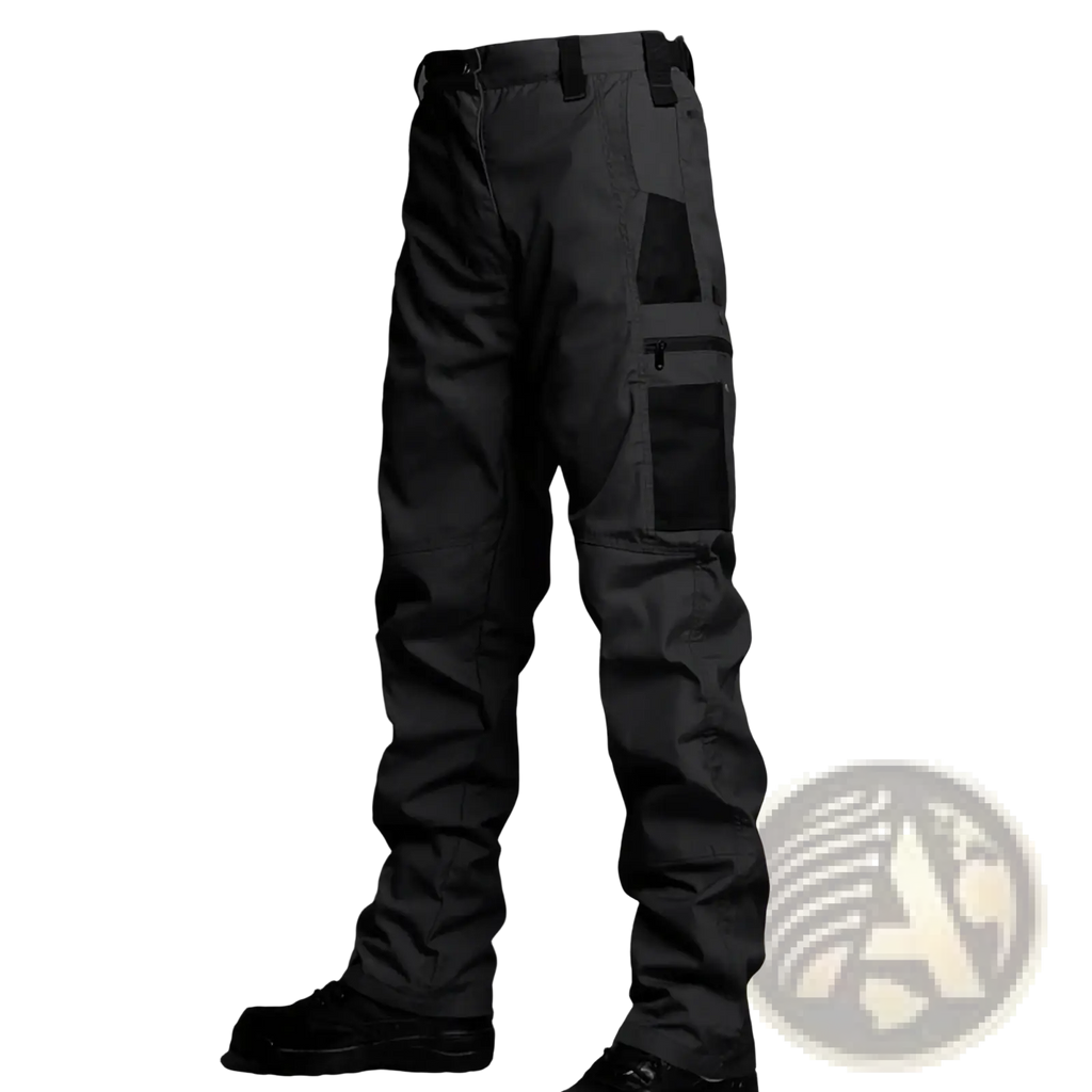 Black tactical cargo pants with multiple pockets and reinforced stitching from a tactical soft shell jacket and cargo pants suit