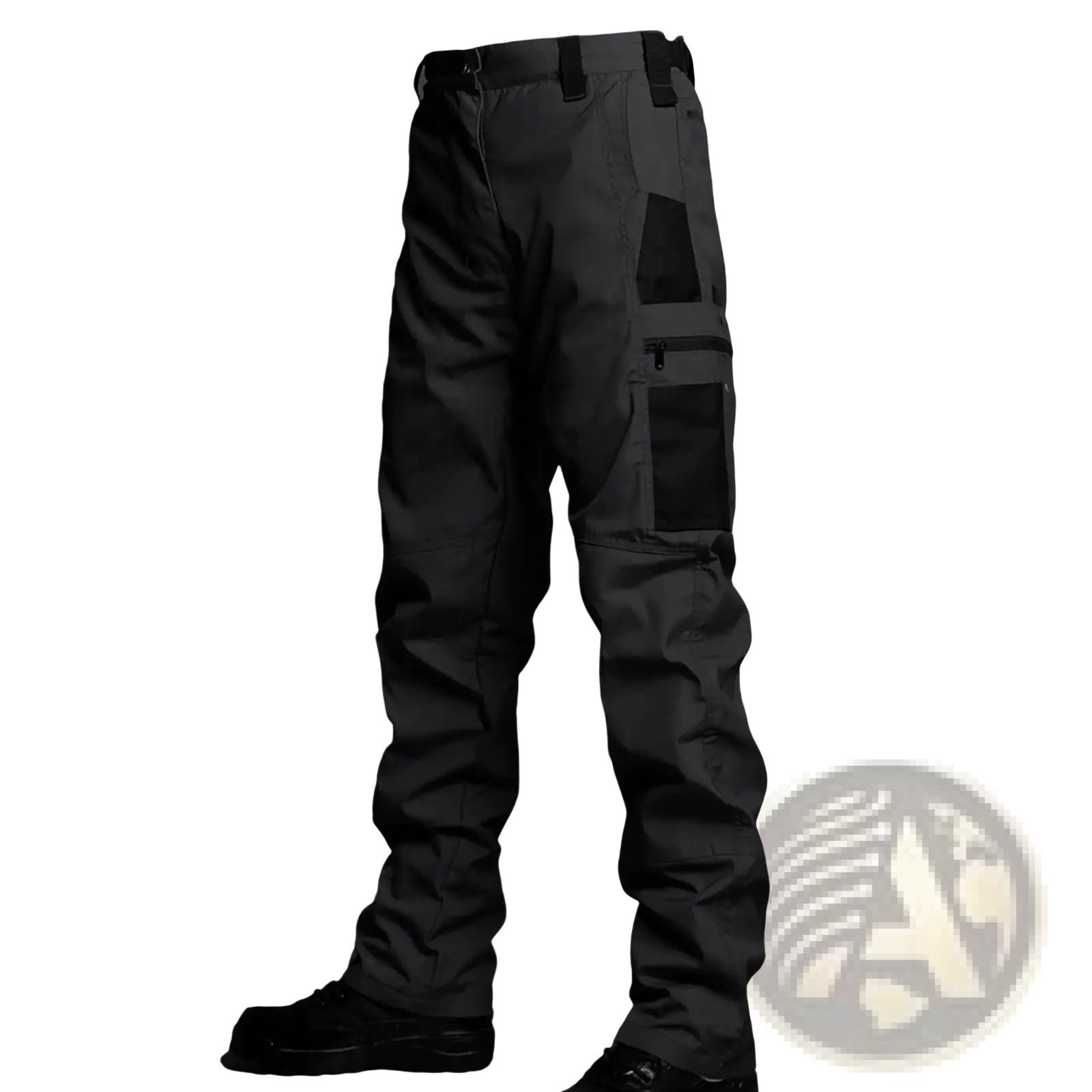 Black tactical cargo pants with multiple pockets and reinforced stitching from a tactical soft shell jacket and cargo pants suit