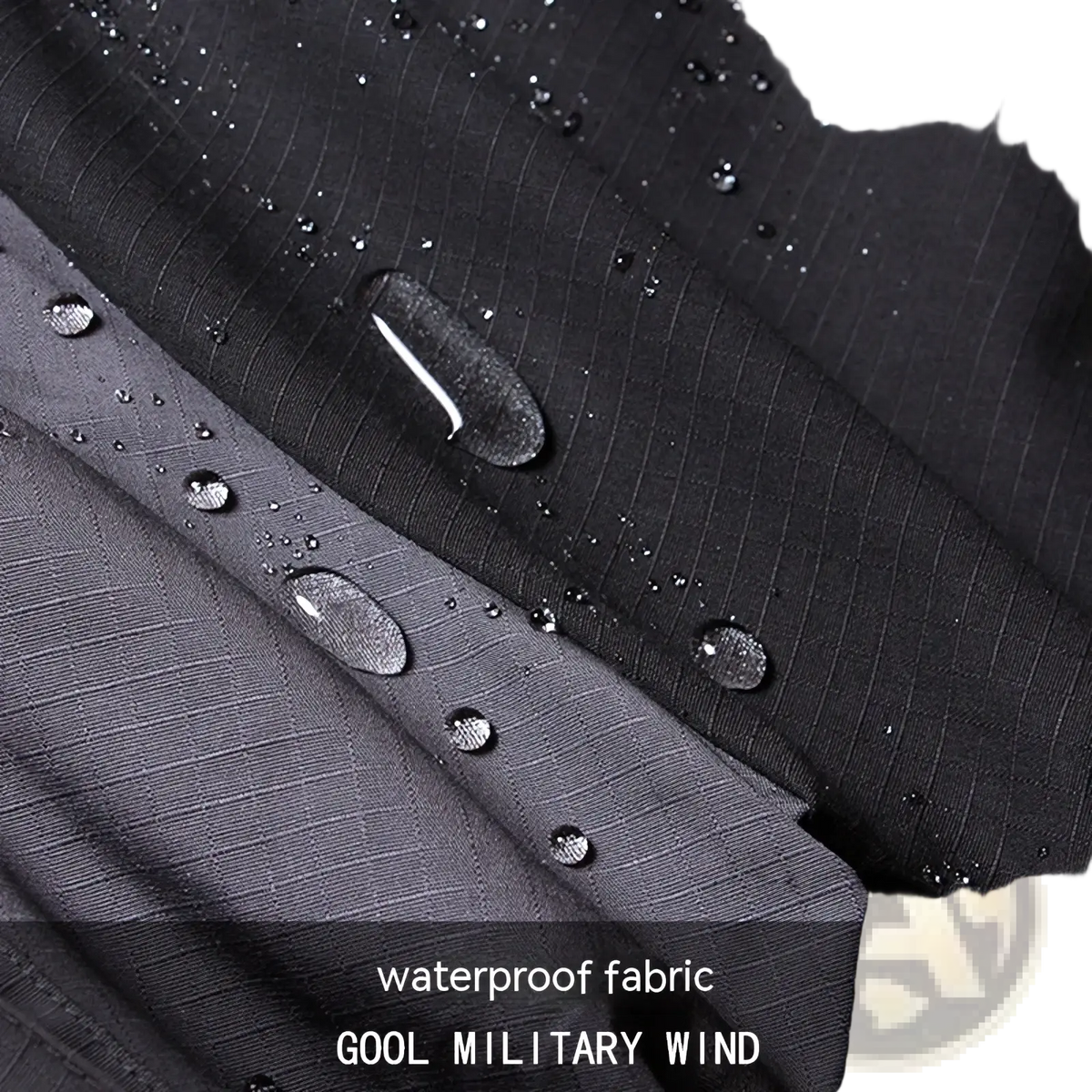 Black waterproof fabric with subtle grid texture used in tactical soft shell jacket and cargo pants suit for military wind resistance