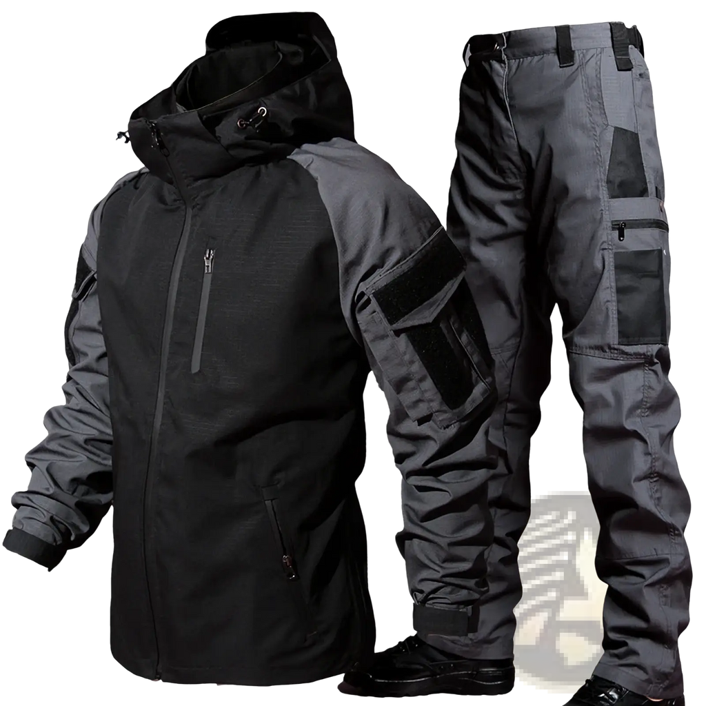 Black and gray tactical soft shell jacket with hood and reinforced panels paired with matching cargo pants
