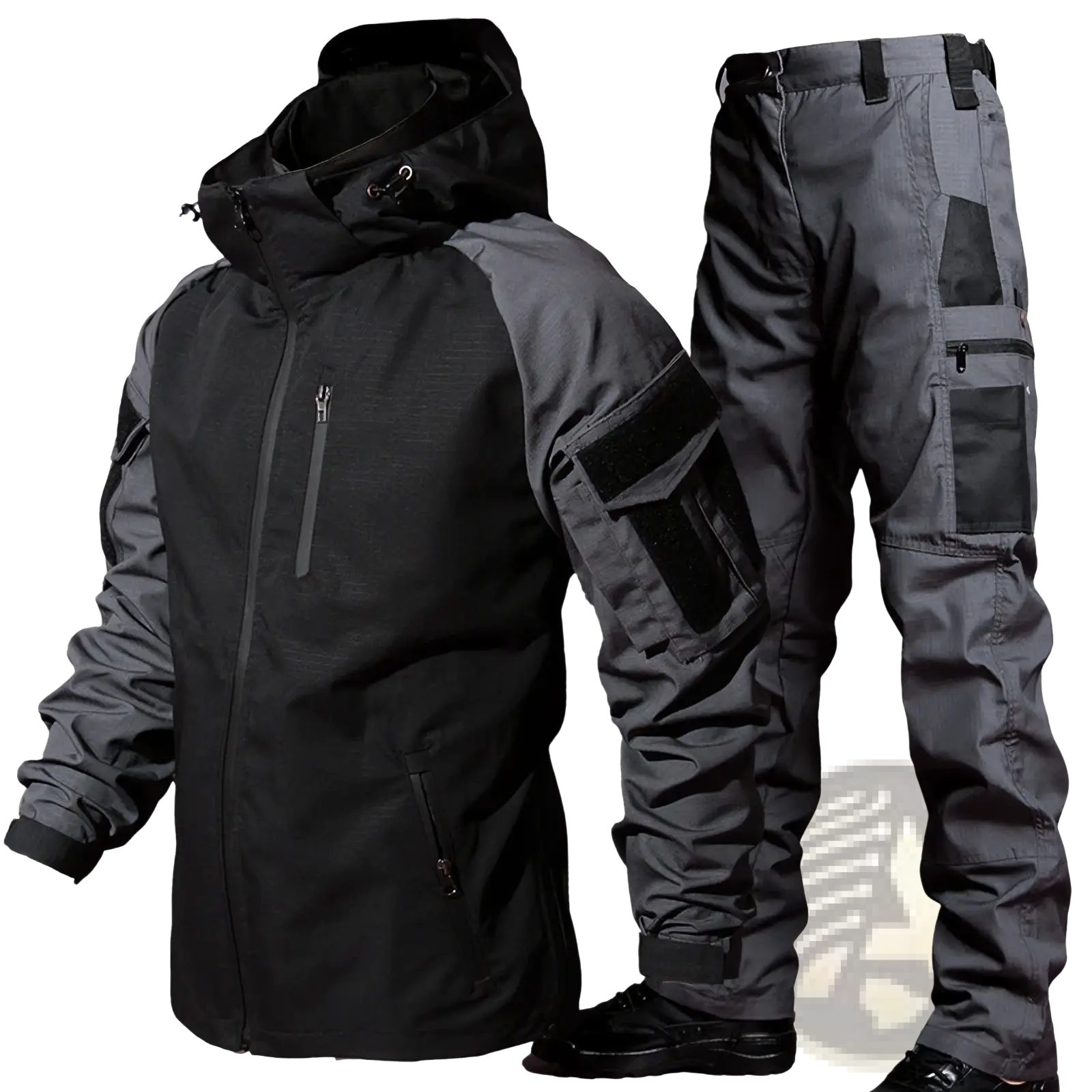 Black and gray tactical soft shell jacket with hood and reinforced panels paired with matching cargo pants