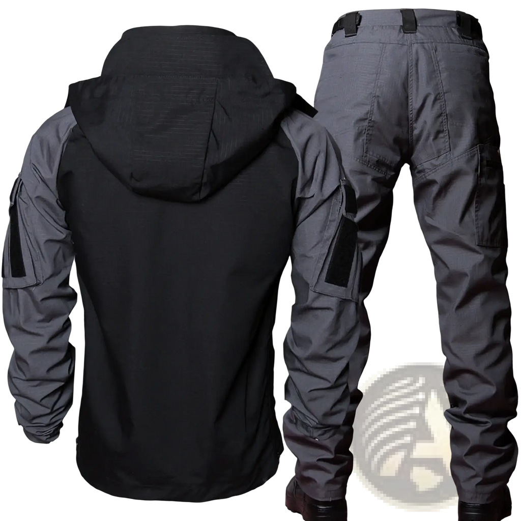Tactical soft shell jacket and cargo pants suit featuring a black and gray hooded jacket with reinforced sleeves and cargo pockets