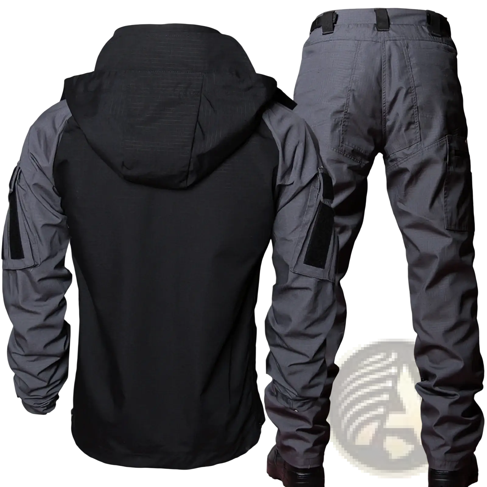 Tactical soft shell jacket and cargo pants suit featuring a black and gray hooded jacket with reinforced sleeves and cargo pockets
