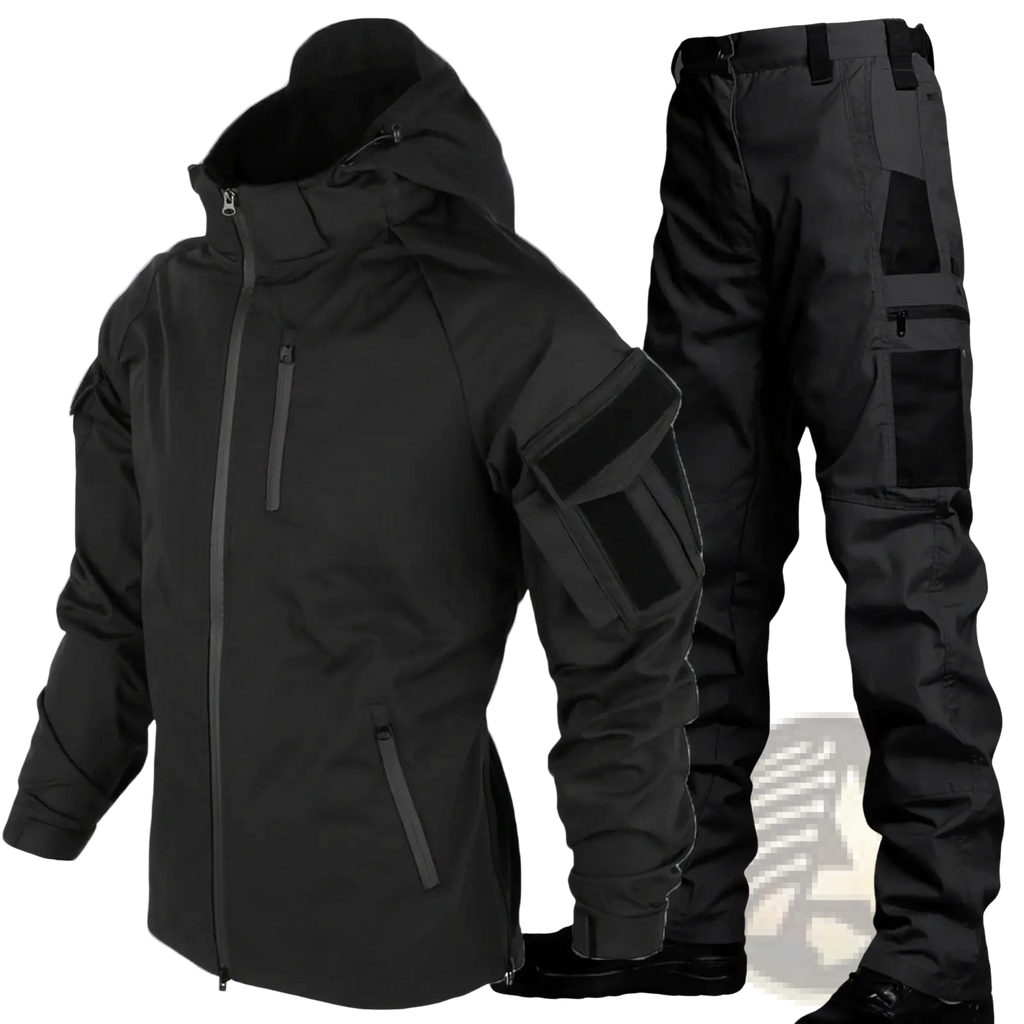 Black tactical soft shell jacket with hood and multiple zippered pockets paired with matching cargo pants