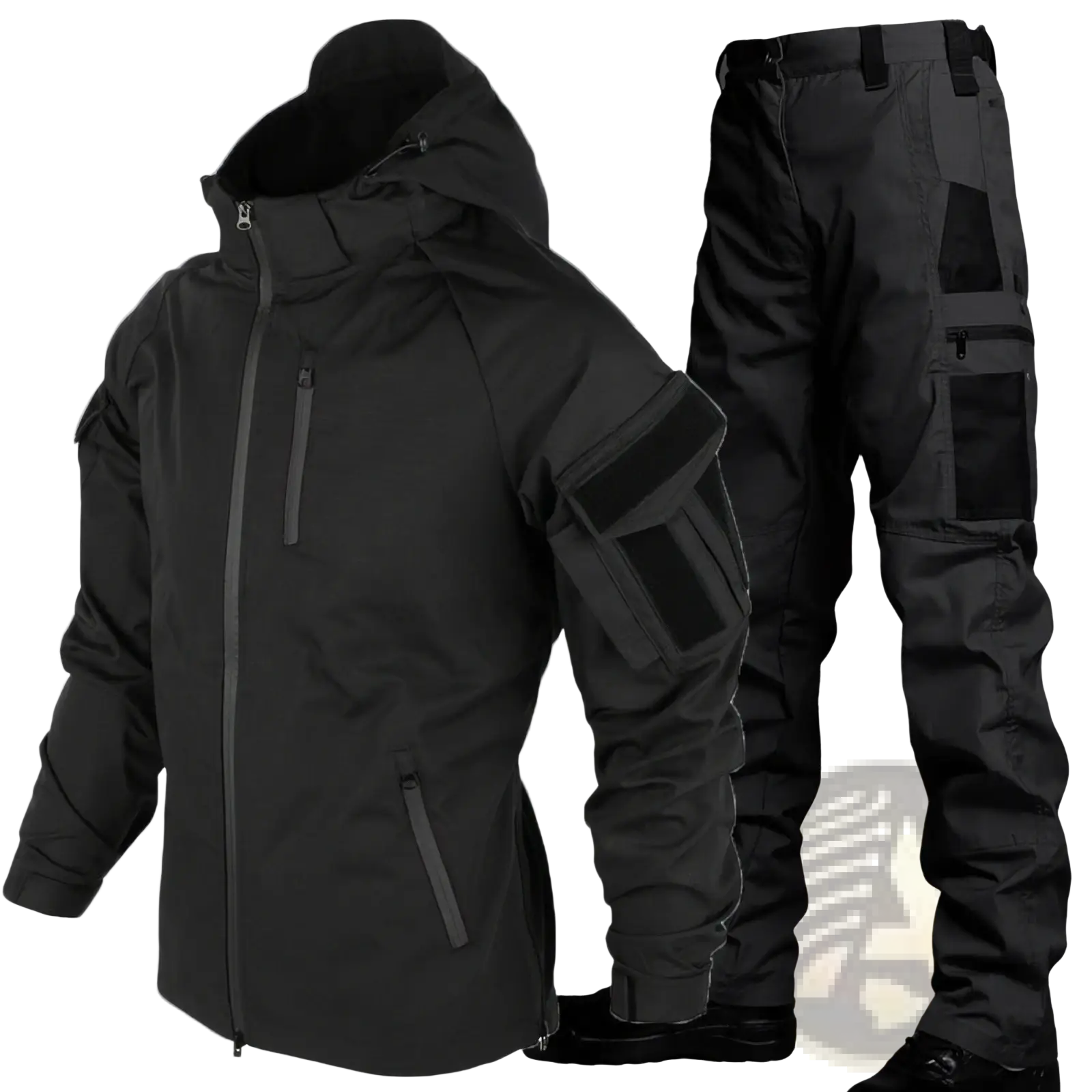 Black tactical soft shell jacket with hood and multiple zippered pockets paired with matching cargo pants