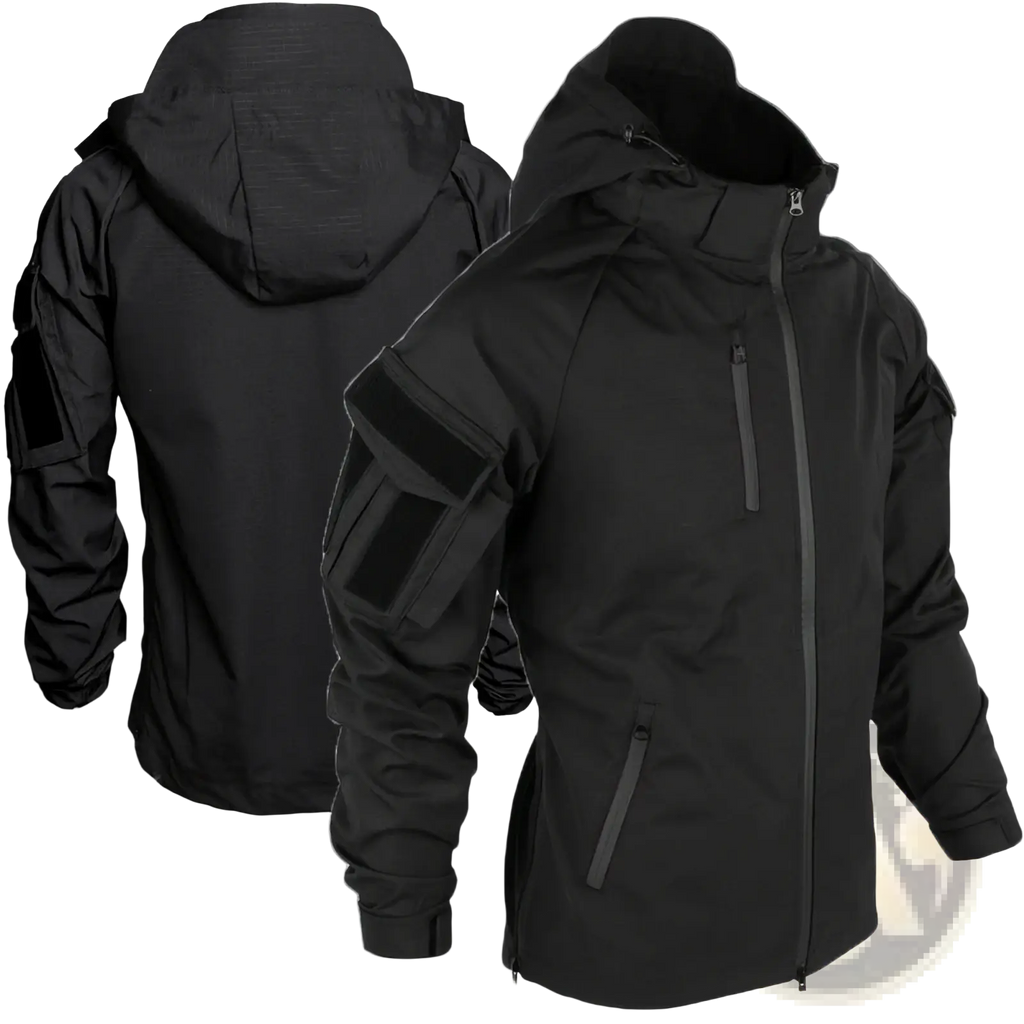 Black tactical soft shell jacket with hood zippered front and arm pockets featuring black velcro patches