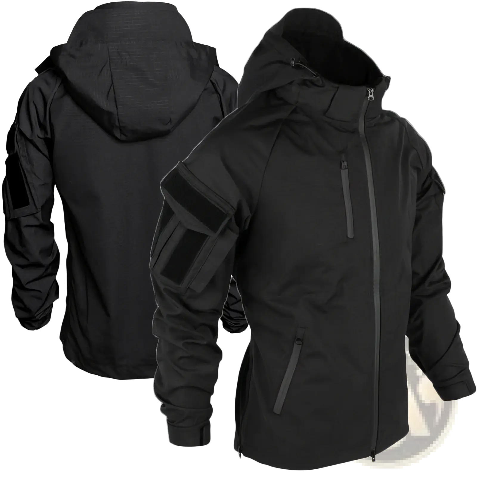 Black tactical soft shell jacket with hood zippered front and arm pockets featuring black velcro patches