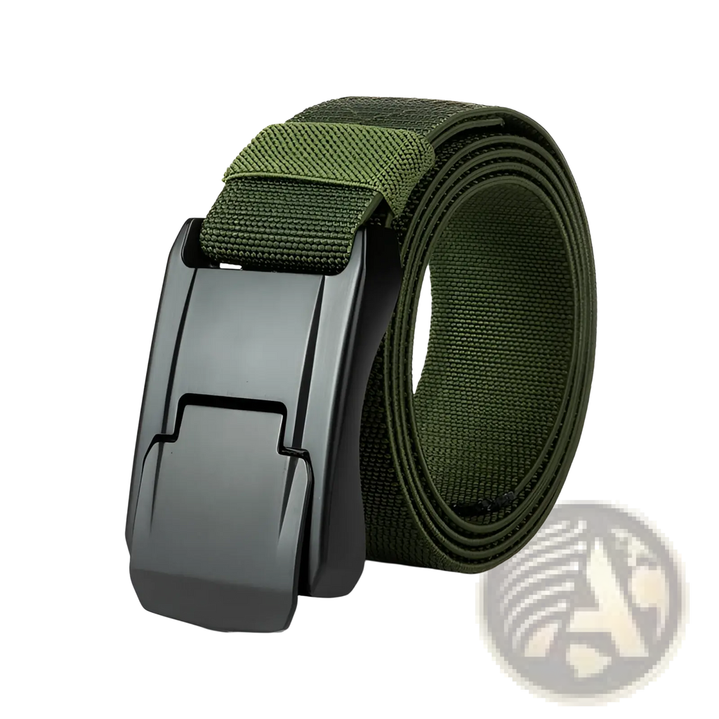 Olive green tactical stretch woven belt with automatic matte black plastic buckle for secure fit