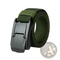 Olive green tactical stretch woven belt with automatic matte black plastic buckle for secure fit