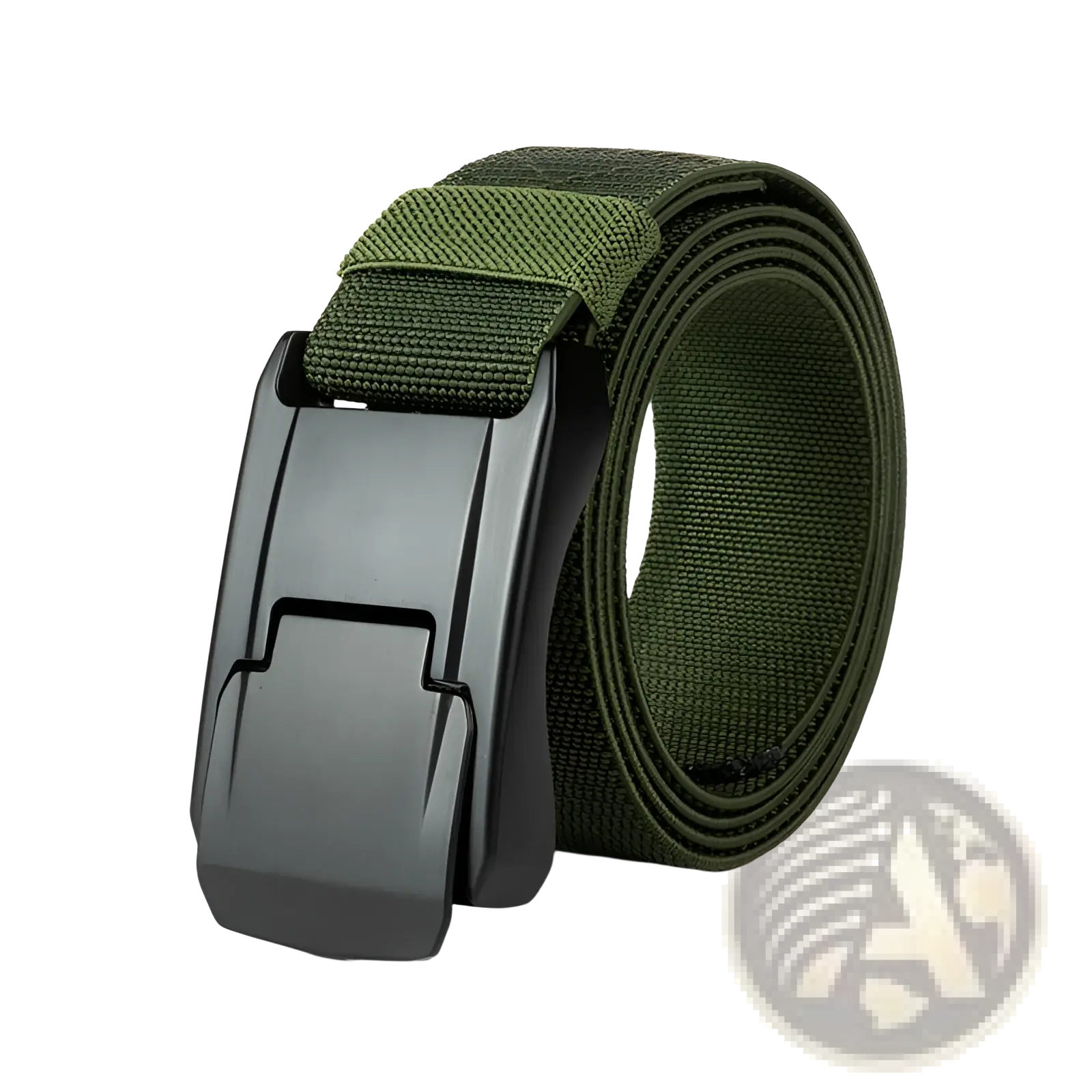 Olive green tactical stretch woven belt with automatic matte black plastic buckle for secure fit